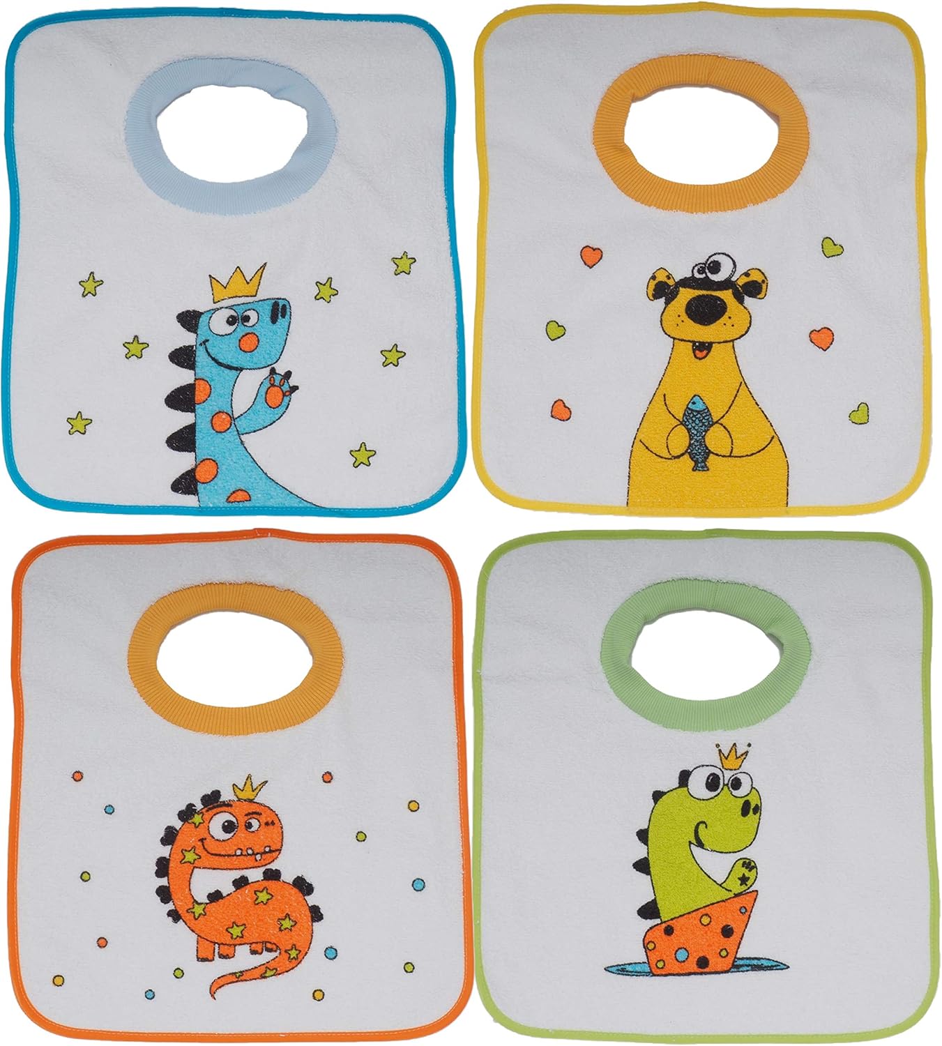 Ti TIN Pack 4 Baberos Estampados Impermeables para Bebés de Más de 1 año con Cuello de Goma Elástica | Babero con Toalla de Rizo Forrado con Plásticos