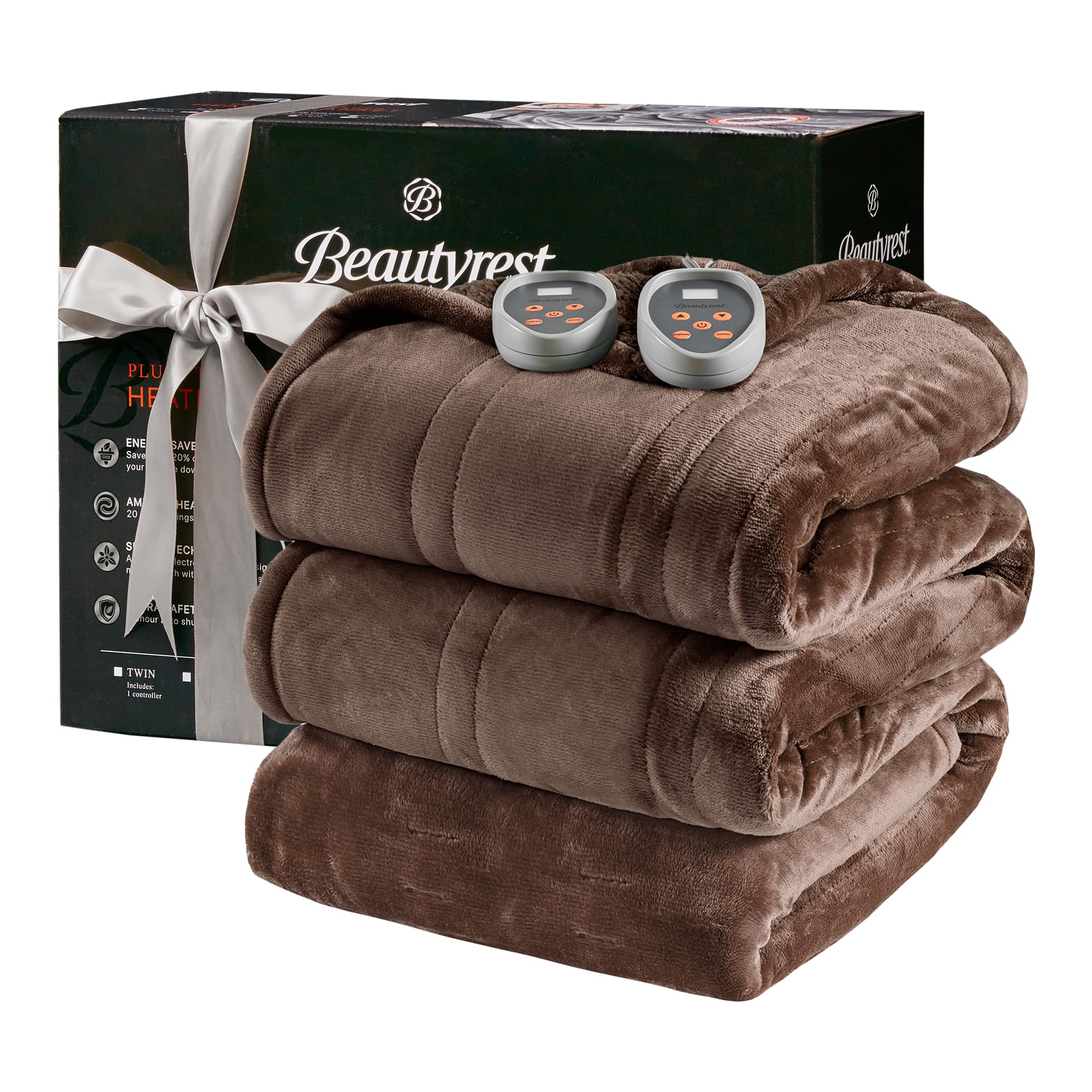 Beautyrest Heated Blanket, Electric Blanket, Soft, Warm, Reversible Plush - Sherpa Heating Blanket with 20 Heat Settings, 1-10 hrs Timer Auto Shut Off, Machine Washable, Queen (90 inx84 in), Chocolate