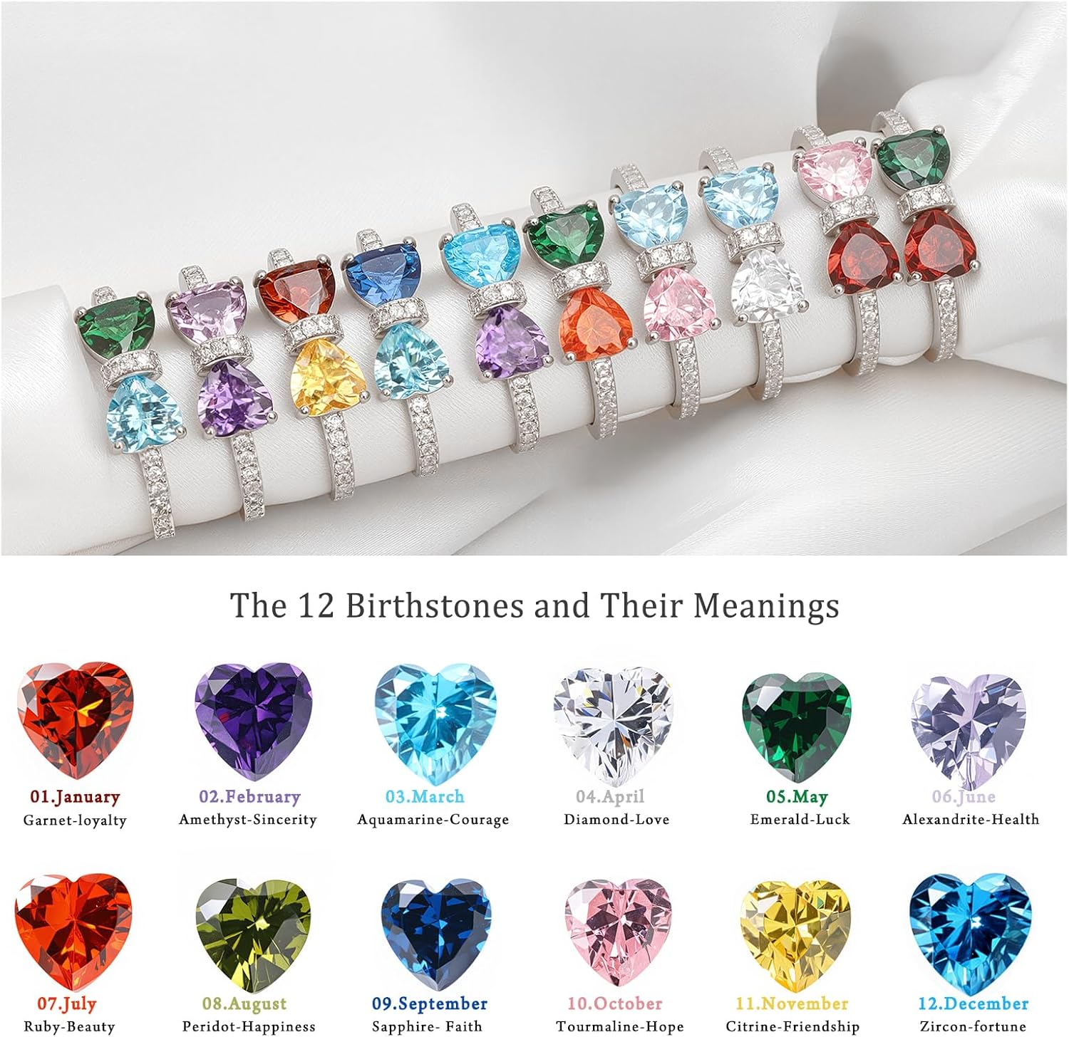 Raicegs Silver Birthstone Rings for Women Heart Cubic Zirconia Gemstone Adjustable Ring Personalized Jewelry Dainty Birthday Gifts for Her Mom - Image 4