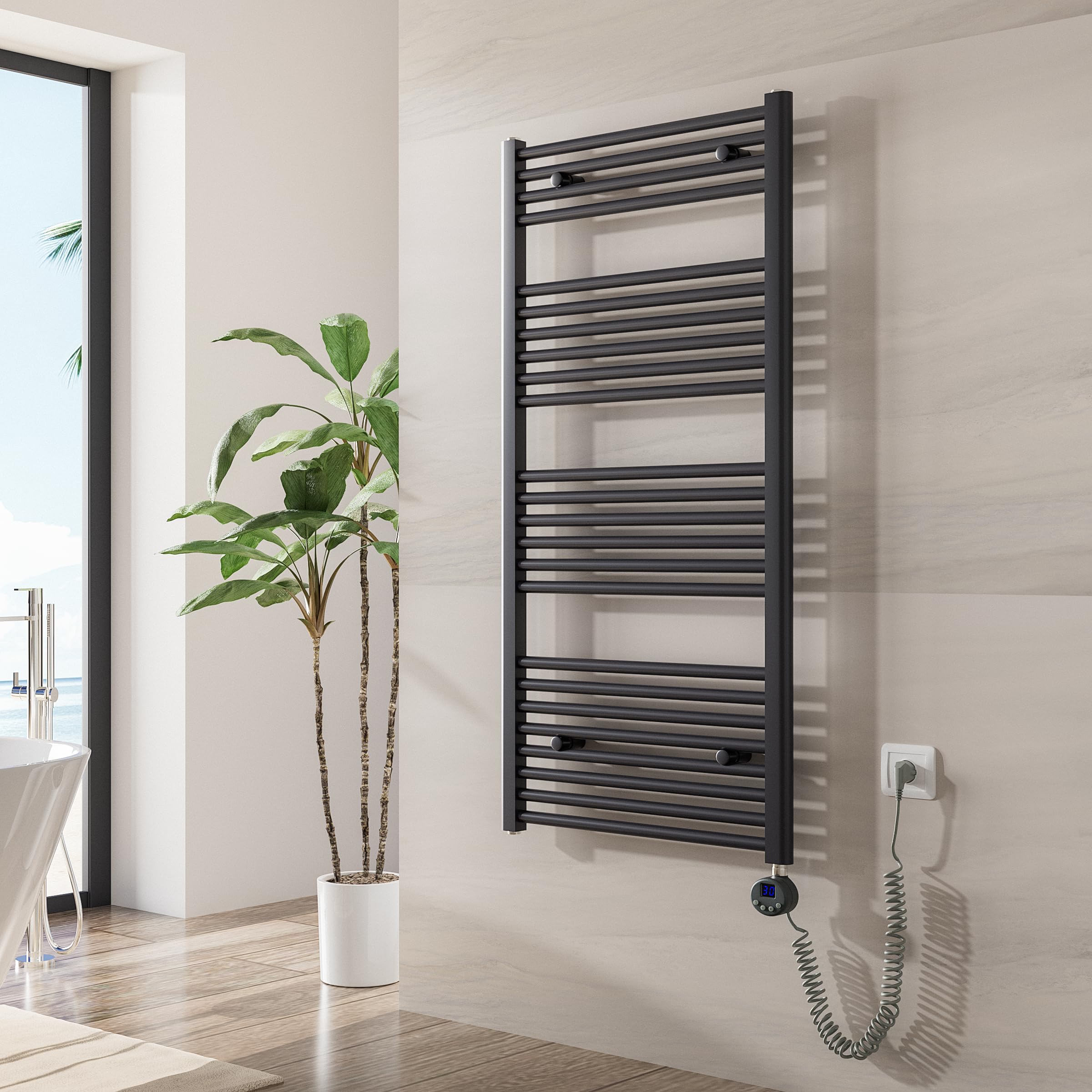 Heilmetz Badheizkörper Elektrisch mit Heizstab 600W Leistung 1200 x 600 mm Anthrazit Gerade Bad Heizkörper Handtuchwärmer Handtuchtrockner mit Thermostat Timer