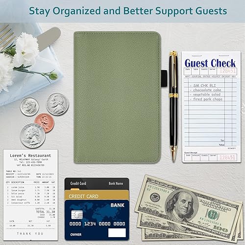 Miniatura 5 de RSAquar Libreta de servidores con bolsillo con cremallera, libros de cuero de primera calidad para camarera, cartera para camarera, delantal, color