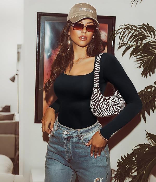 LODAY Tummy Control Shapewear Tank Top Square Neck Long Sleeve Top Slimming Body Shaper Compression Tanks for Women (Black, X-Large) by LODAY - Image 3