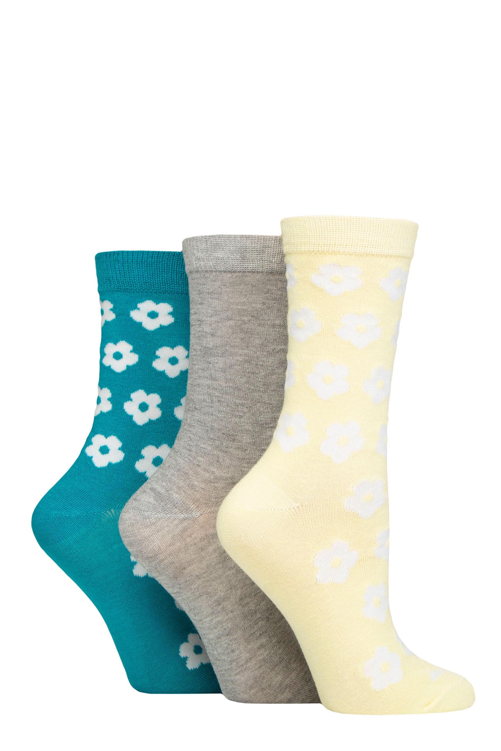SockShop Wildfeet Ladies Bamboo Socks -Patterned Fun and Colourful Soft Breathable Socks Multipack of 3 Pairs (UK, Numeric, 4, 8, Regular, Regular, Flowers Yellow/Grey/Teal)