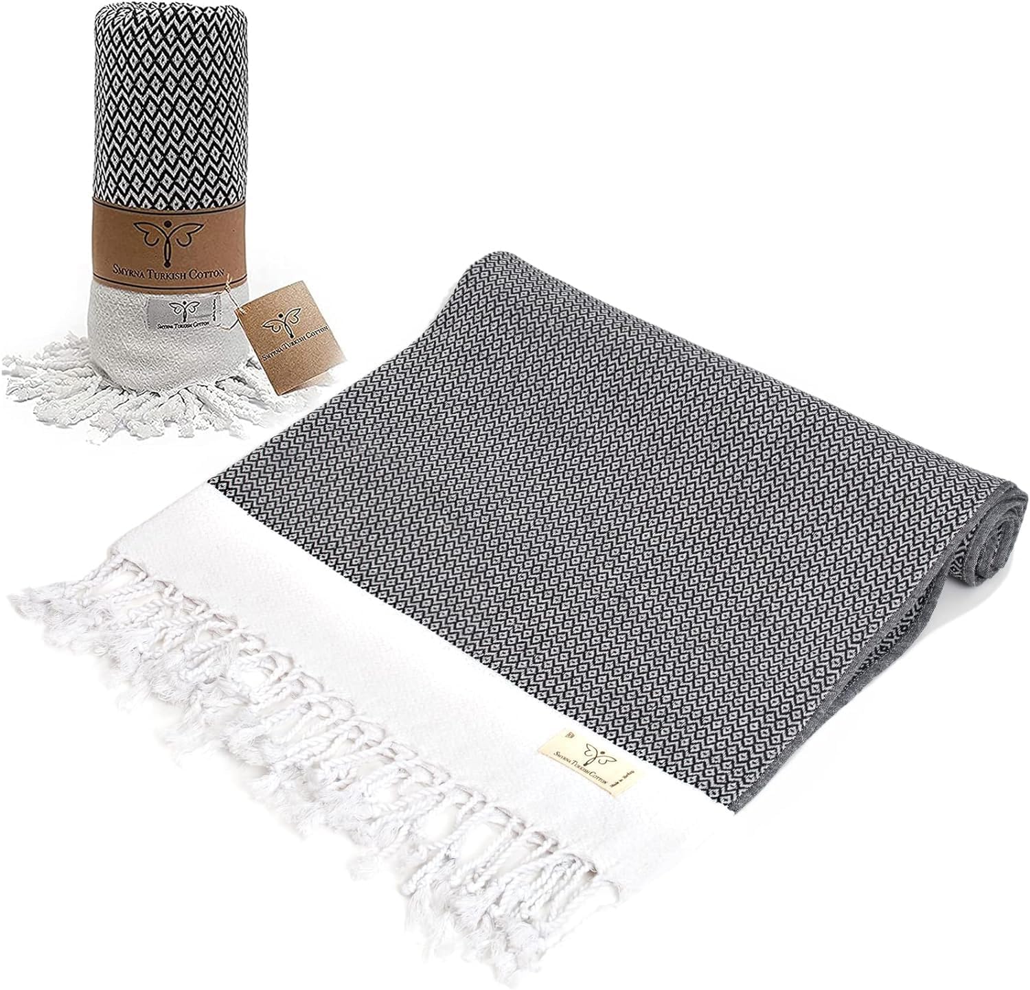 SMYRNA TURKISH COTTON Original Series Turkish Beach Towel Oversized, 37x71 inch, Extra Large Quick Dry Sand Free Beach Blanket, Lightweight Cotton Pool, Spa, Travel, Gym, Adult Bath Towel, Black