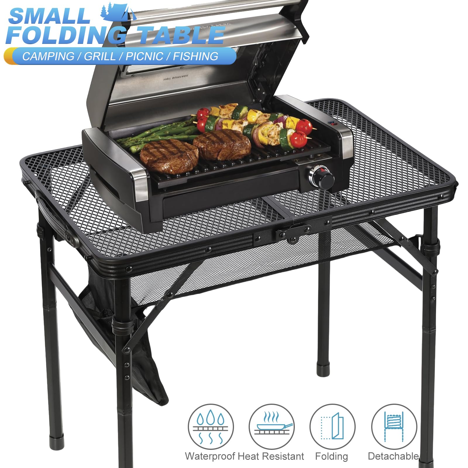 SKIKEN Small Floding Grill Table with Mesh Layer, 2 Height Adjustable, Portable & Lightweight Metal Camping Table for Outdoor, Beach & BBQ - Compact (2 FT, Black)