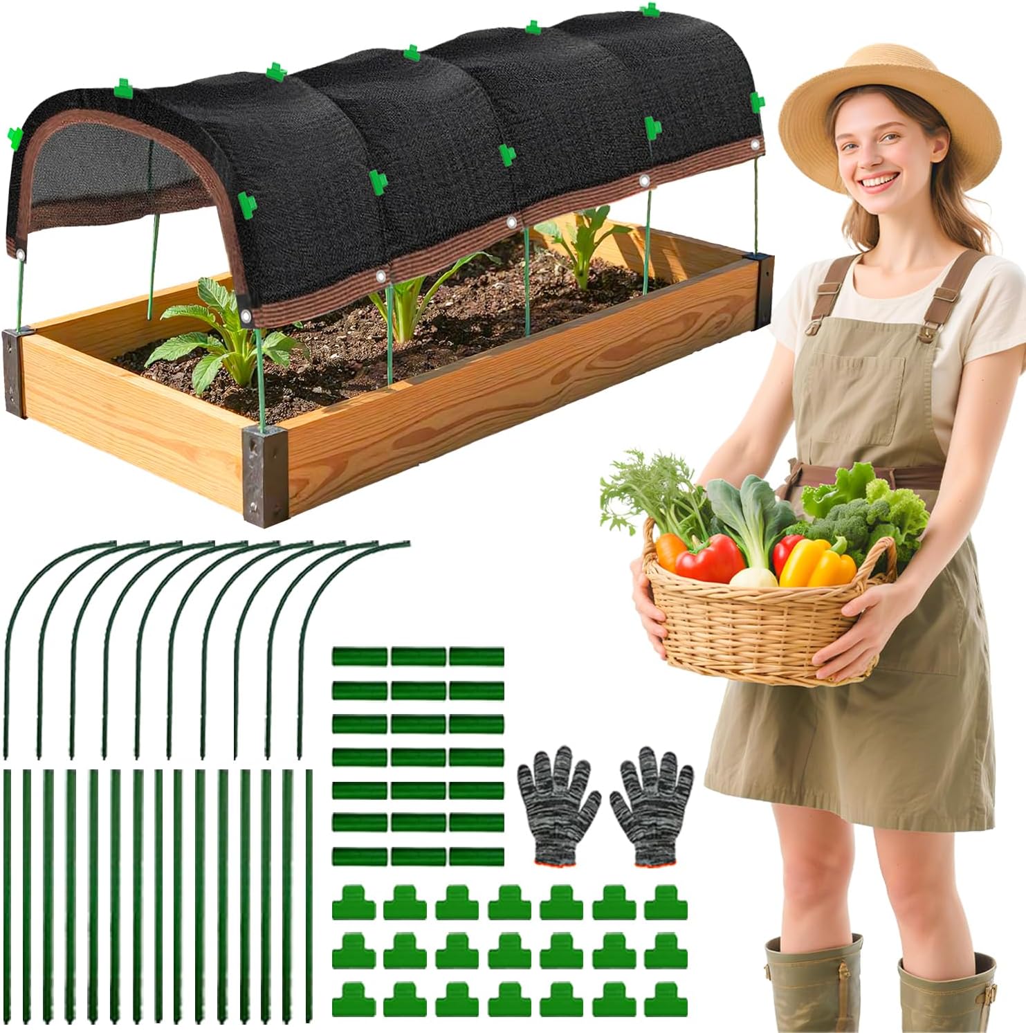 2026 Upgraded Garden Shade Cloth Kit 78.7"x59" Garden Shade Cloth for Plants Heat Protection with 5 Sets Garden Hoops for Raised Beds 75% Sunblock Shade Cloth Row Cover for Outdoor Plant Vegetables