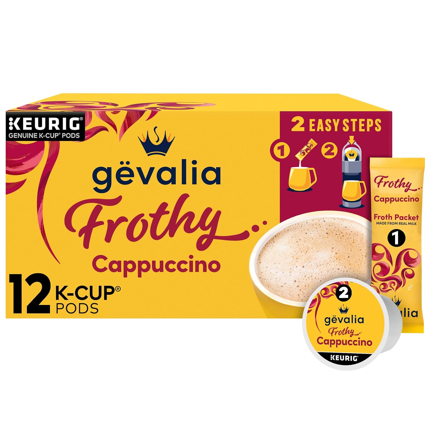Gevalia Frothy 2-Step Artificially Flavored Cappuccino Espresso Style K‐Cup Coffee Pods & Froth Packets Kit, 12 ct Box