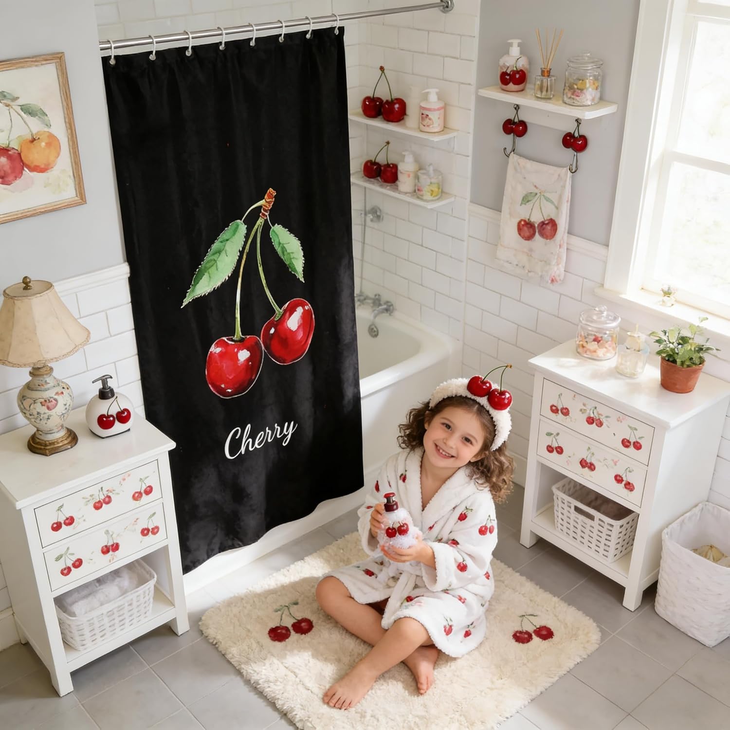 Cherry Shower Curtain, Tropical Fruit Bathroom Decor for Kids Teens Adult, Solid Black Background Waterproof Bath Curtain With 12 Hooks, Suits for Bathtub, 72" W x 78" L, Concise Vintage