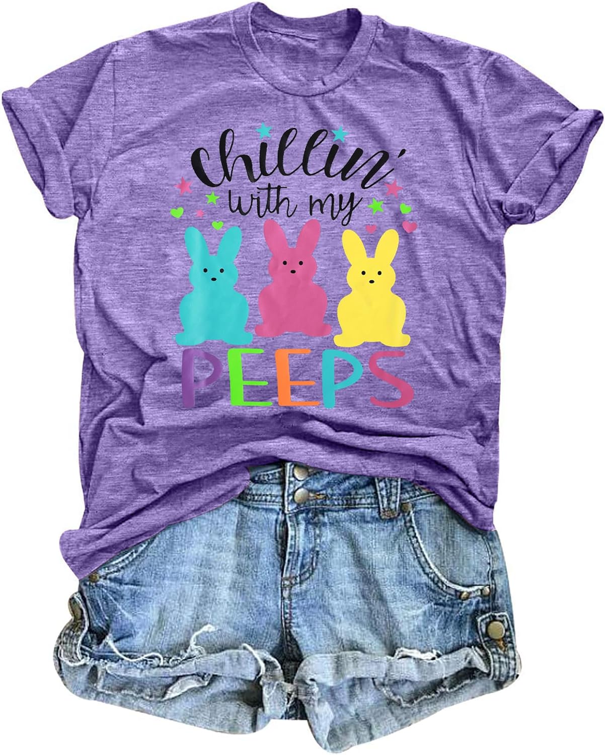 Happy Easter Shirt Women Chillin with My Peeps Tee Shirt Cute Rabbit Graphic T-Shirt Easter Gift Tee Tops