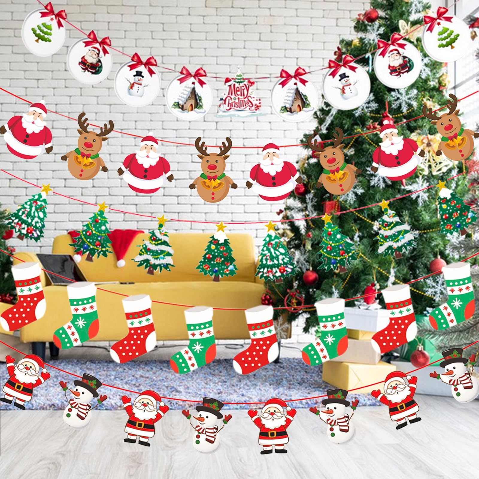 5PCS Christmas Hanging Bunting Garland Decorations Xmas Hanging Bunting Banner Santa Snowman Reindeer Christmas Bunting Flags for Christmas Party Decor - Image 4