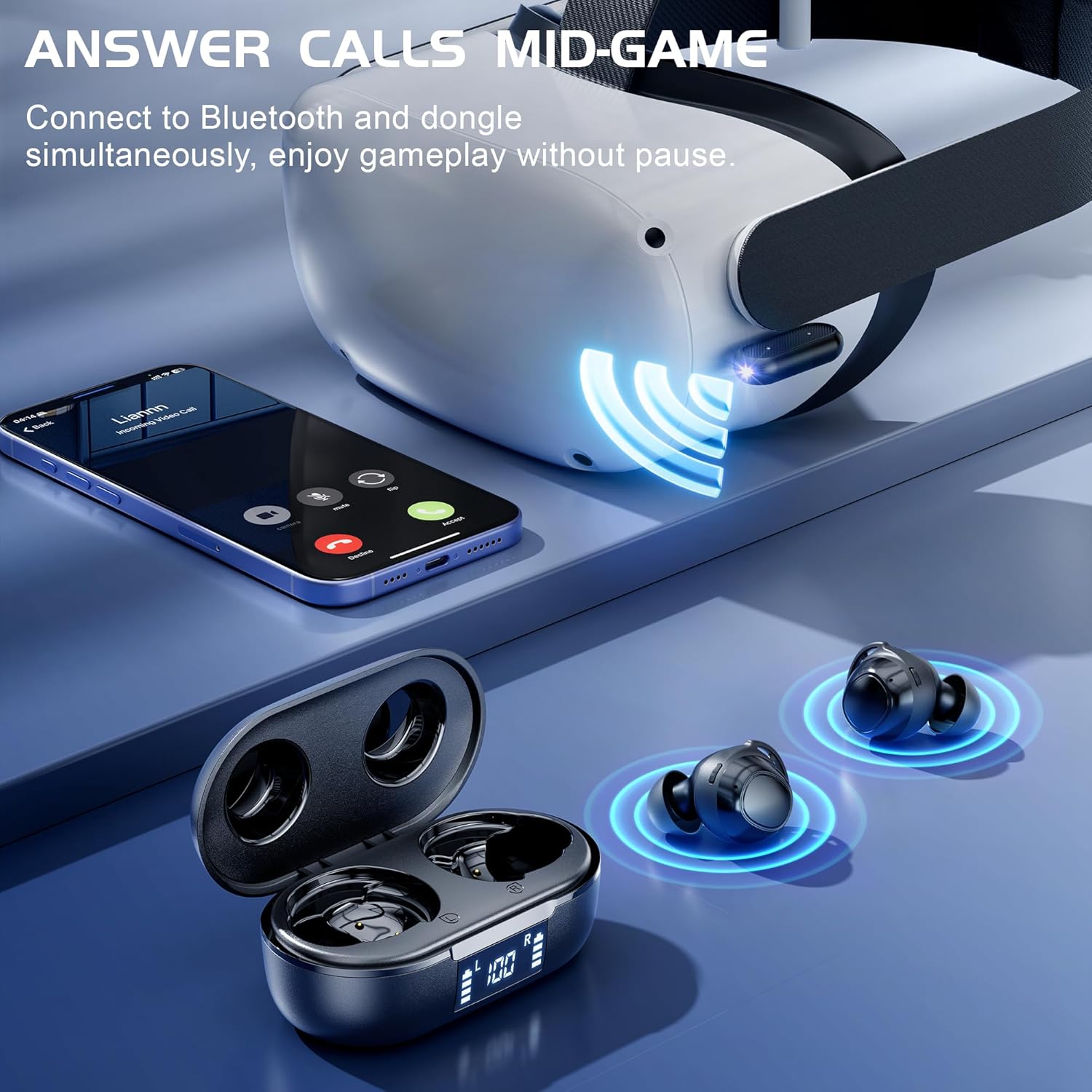IAMJOY Wireless Gaming Earbuds, 20ms Low Latency, Game Earbuds with Mic, 2.4GHz & Bluetooth, Compact LED Display Compatible with Meta Quest 3/2, PS5/4, Steam Deck, VR, Switch, PC - Image 3
