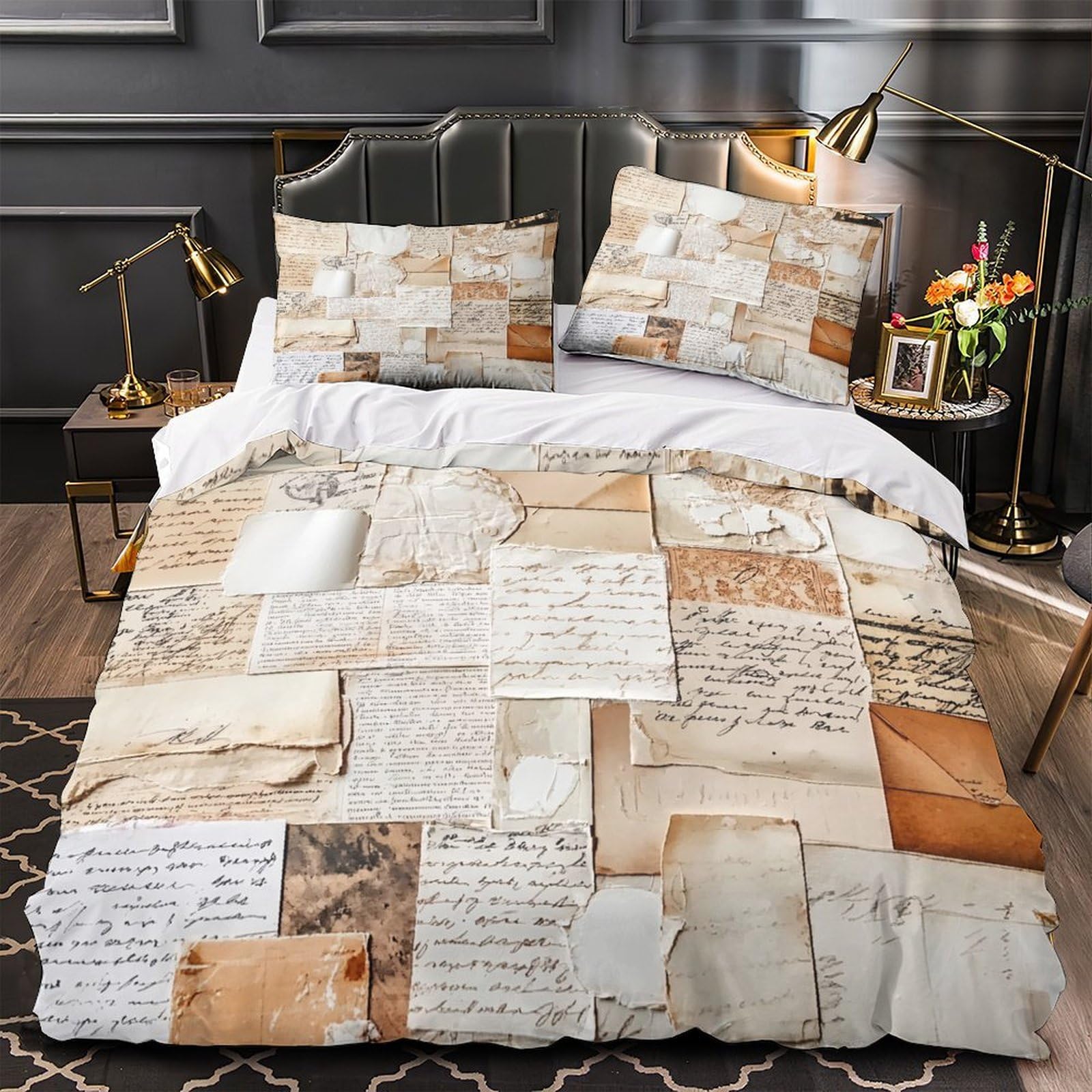 Parure de lit 140x200cm lettres anciennes en microfibre avec housse de couette vintage