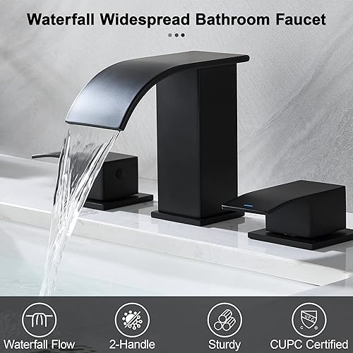 Miniatura 2 de Grifo de baño de cascada negra, grifo de lavabo de baño de 8 pulgadas, 2 manijas para fregadero de 3 agujeros, grifo de tocador moderno con líneas