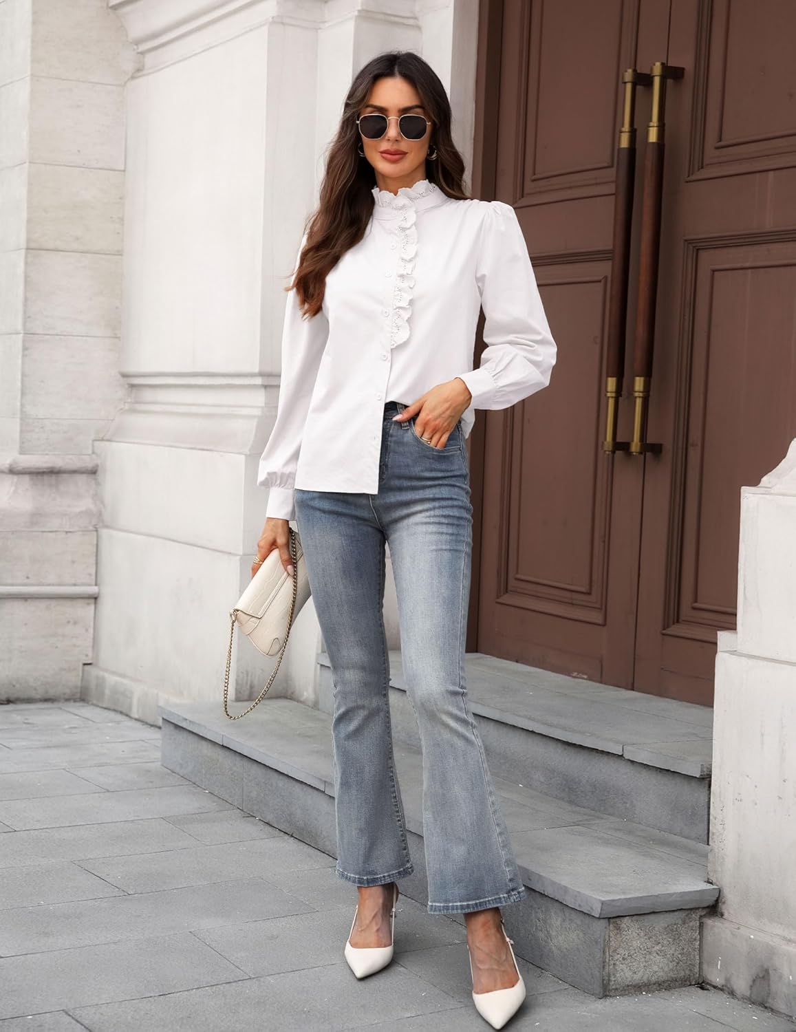 Women's Spring Shirts 2026 Long Sleeve Ruffle Collar Button Down Tops Dressy Casual Elegant Solid Retro Blouse - Image 9