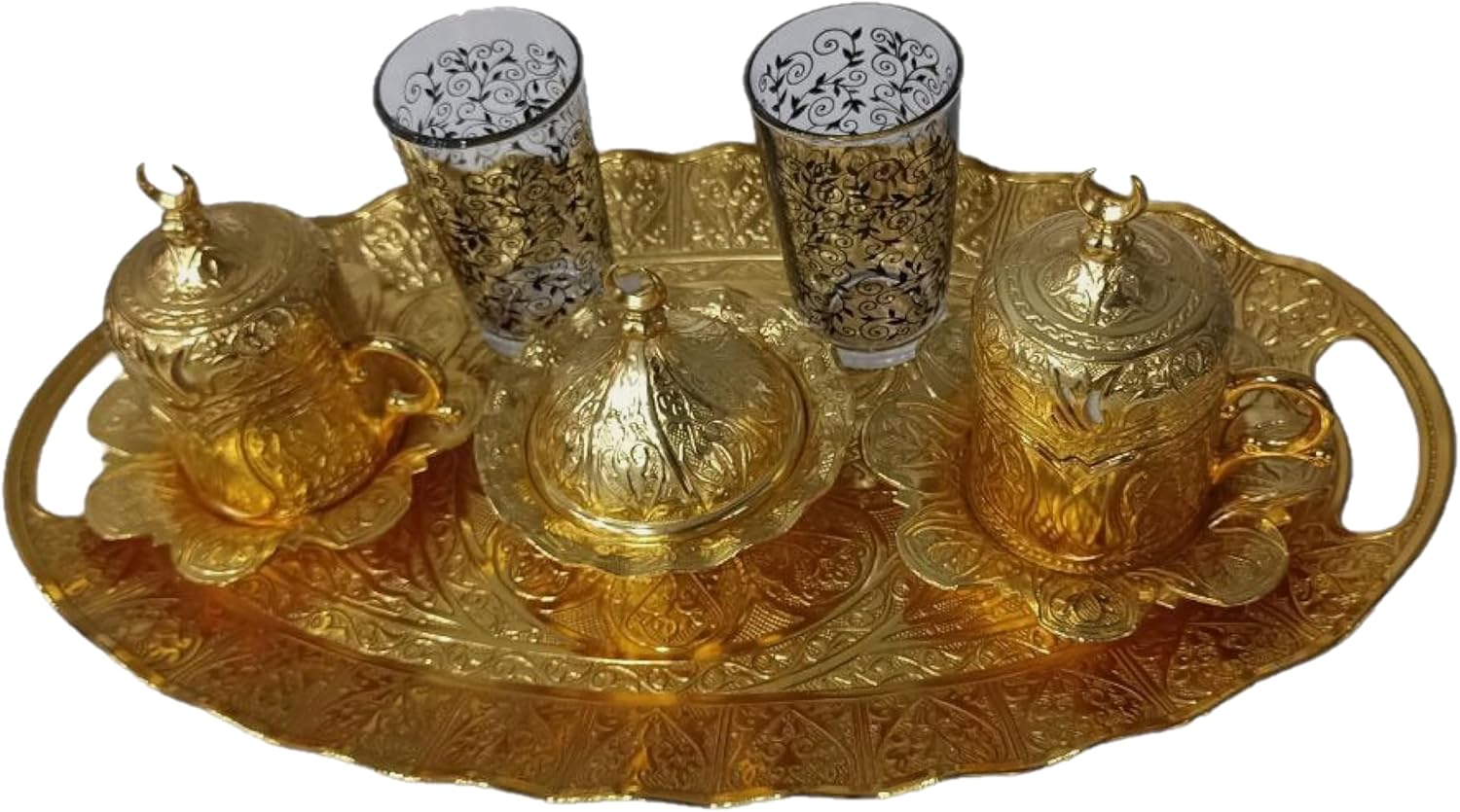 Turkish Greek Arabic Coffee Espresso Serving Set for 2,Cups Saucers Lids Tray Delight Sugar Dish 2 cups of Water 13 pc..
