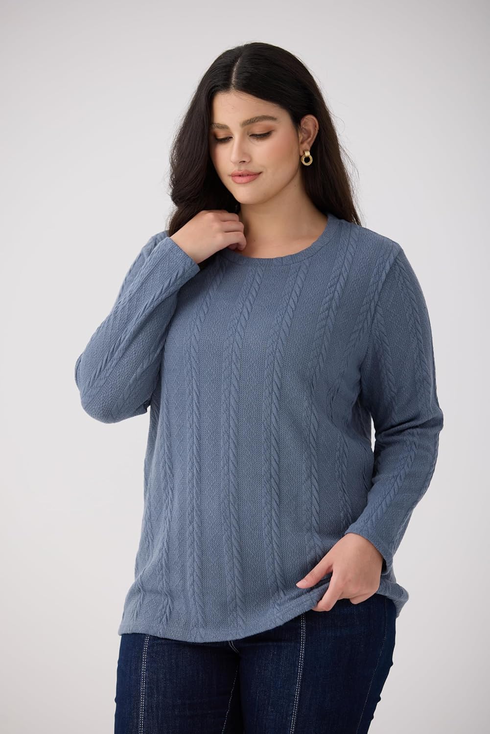 CARCOS Womens Plus Size Tops Fall Cable Knit Sweaters Long Sleeve Shirts Crewneck Lightweight Tunic Tops Winter XL-5XL - Image 2