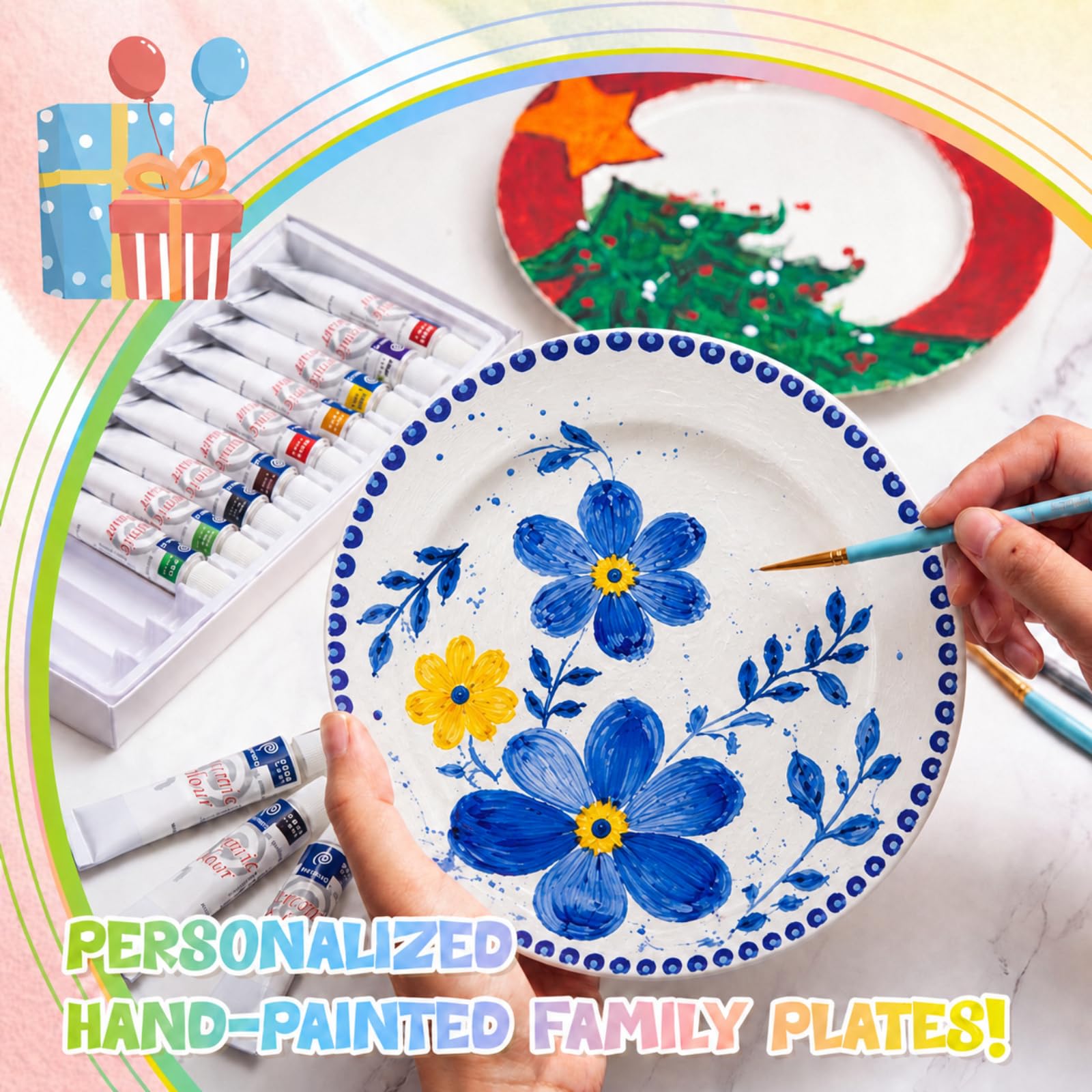 Sinmoe Kit per Dipingere Piatti in Ceramica Include 4 Piatti in Porcellana 3 Pennelli e 12 Colori Acrilici e 1 Scatola Regalo e 1 Tavolozza da Dipingere(8 Pollici,Lusso Moderno,4 Pezzi)