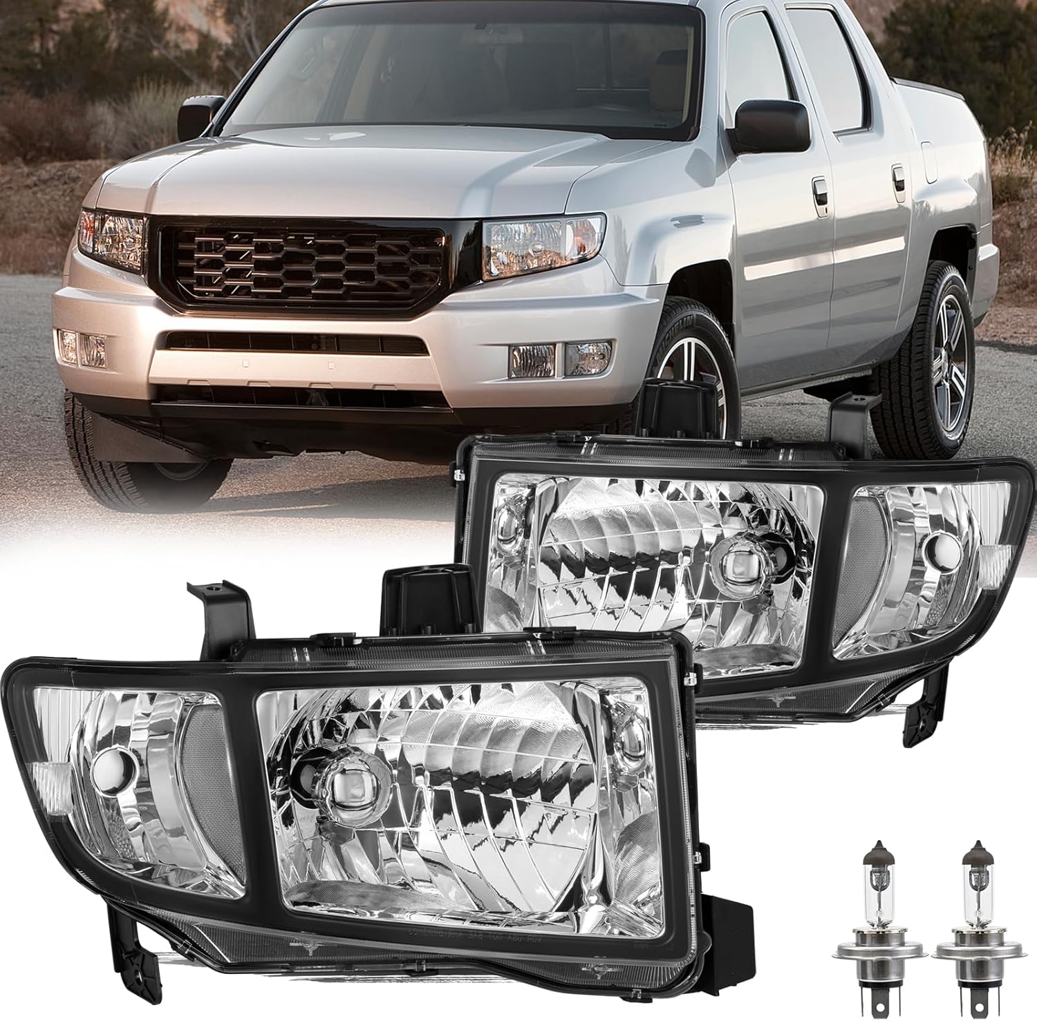 Aosky Headlight Assembly Set Compatible with [Halogen Type] 2006-2014 Honda Ridgeline OEM Headlamp Black Housing with Amber Reflector, Left+Right (Bulbs Included)