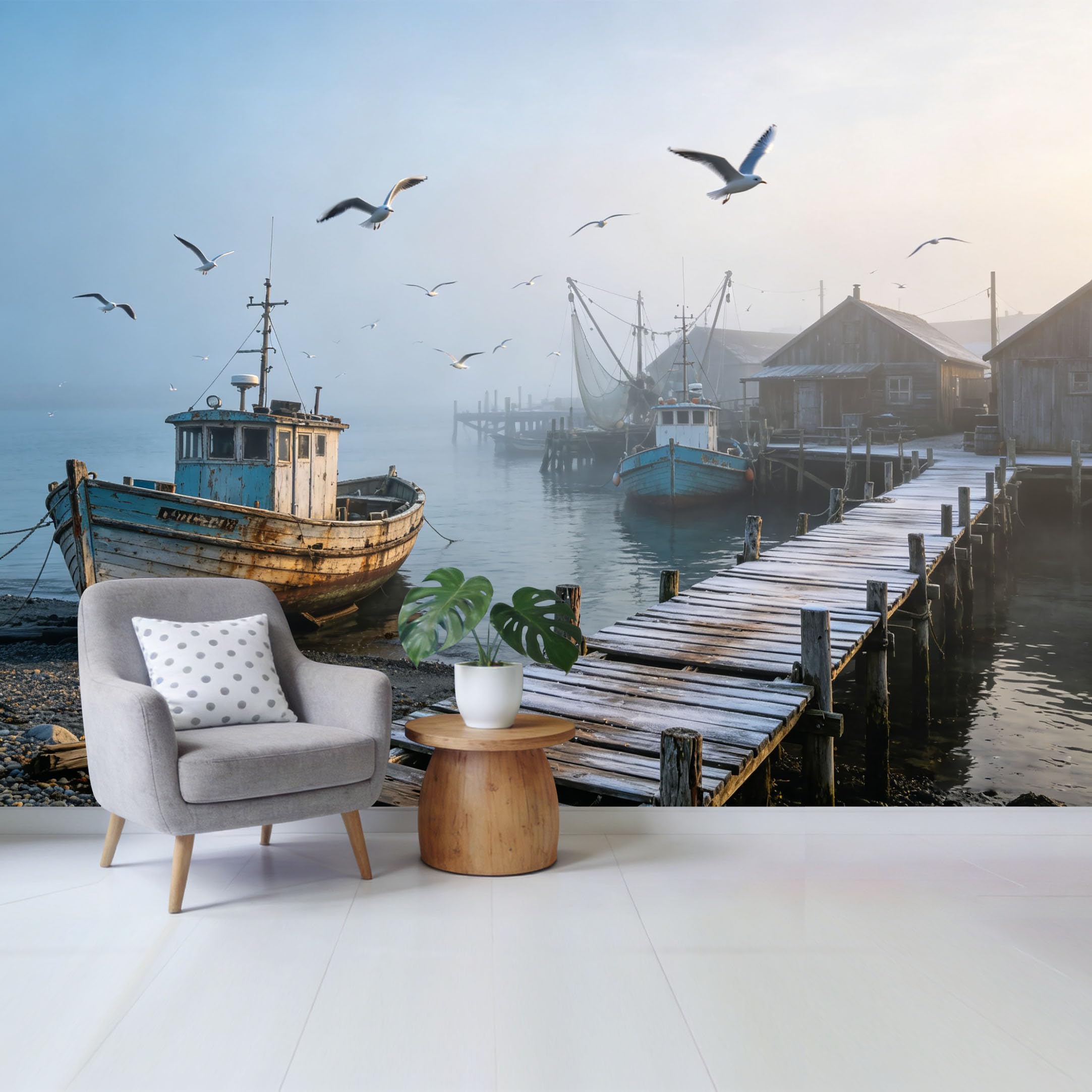 Qzlithotic Yq2605250232 Custom Size Wall Mural Coastal Fishing Boat Pier Foggy Morning Seascape Selfadhesive Wall Fabric Removable Wallpaper For Home Office Decor