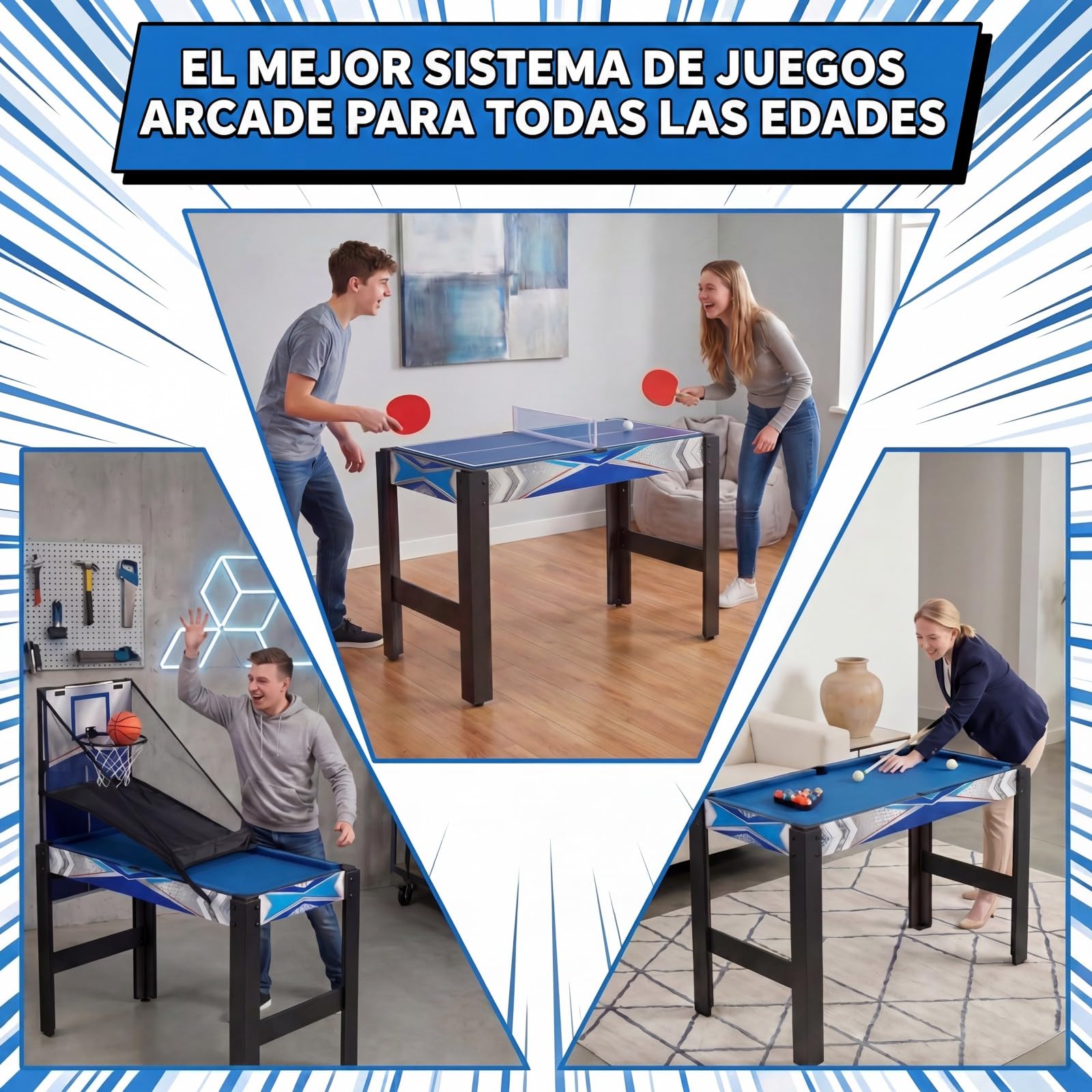GOPLUS Mesa de Juegos 6 en 1, Mesa Multijuegos Combinada de Billar Hockey Baloncesto Ping Pong Bolos Shuffle, Patas de Metal, Diseño Apilable, Juego Arcade para Adultos y Niños, 96 x 43,5 x 74 cm