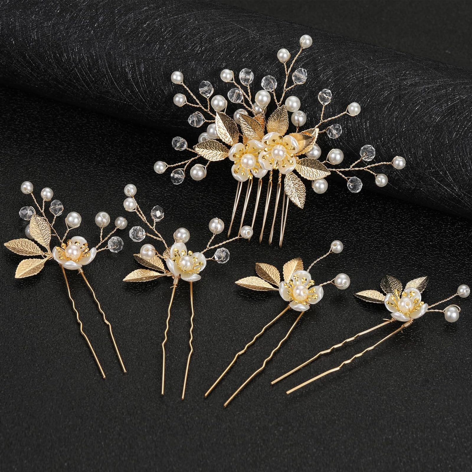 5 piezas de peine y horquillas para el cabello de hoja dorada, accesorios para el cabello de novia, clip de pelo de boda para novias, piezas de cabeza de boda hechas a mano con diamantes de imitación 9