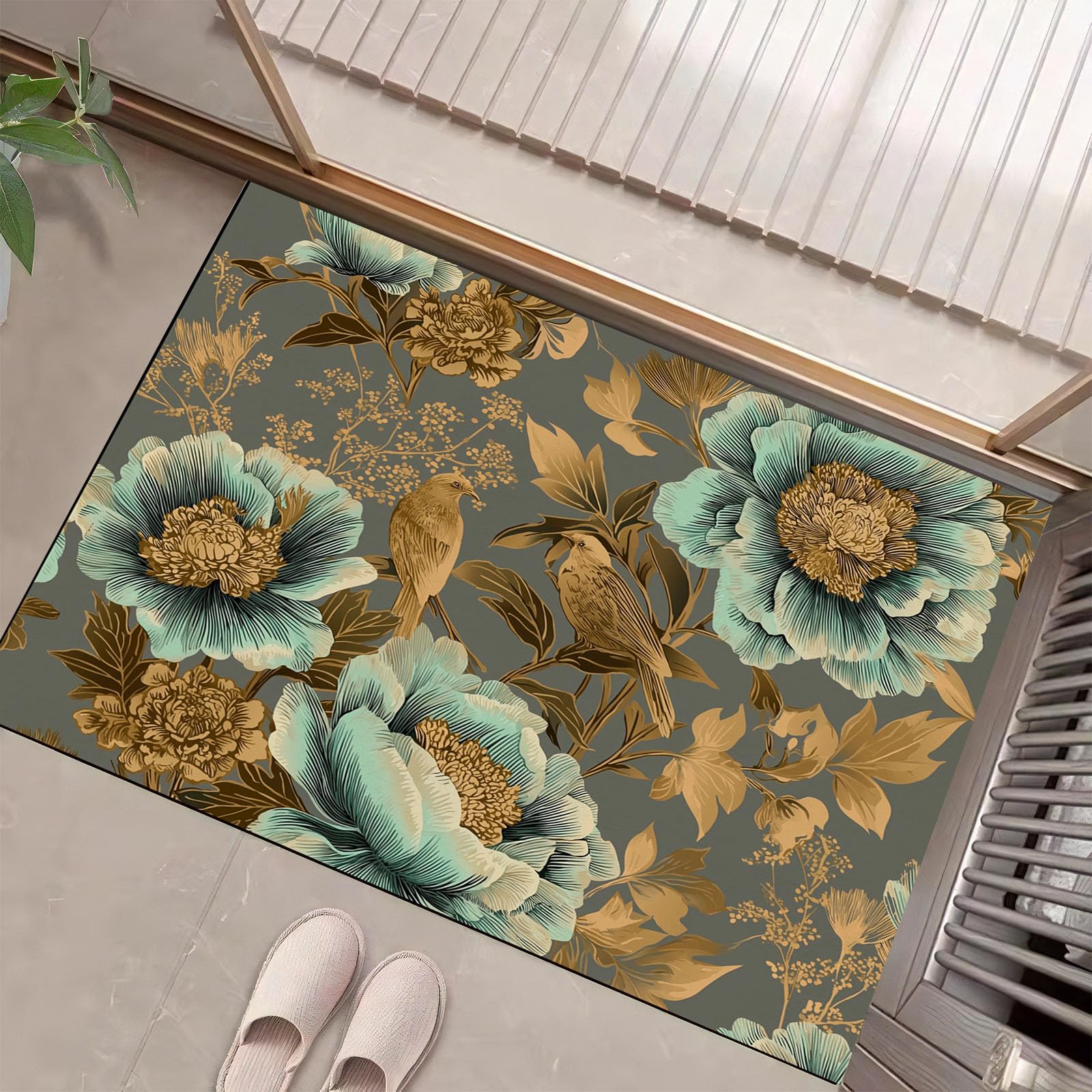 Tapis de sol intérieur pivoine feuille d'or antidérapant et paillasson oiseau luxueux