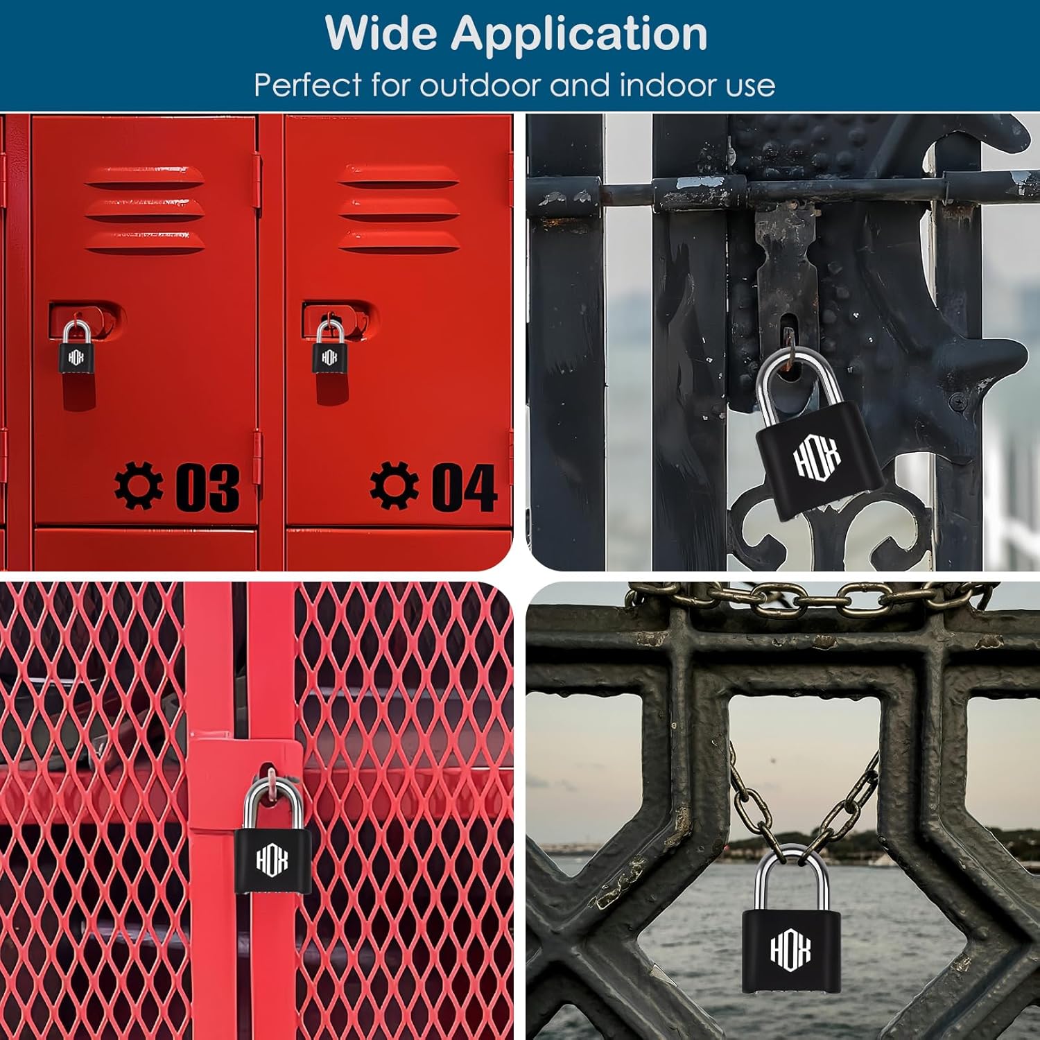 HOX 4 Digit Combination Lock Outdoor Padlock - Heavy Duty Locker Lock with Hardened Steel Shackle, Waterproof Combo Lock for Gym Locker, Hasp Storage, Shed, Fence (Black, 4 Pack)