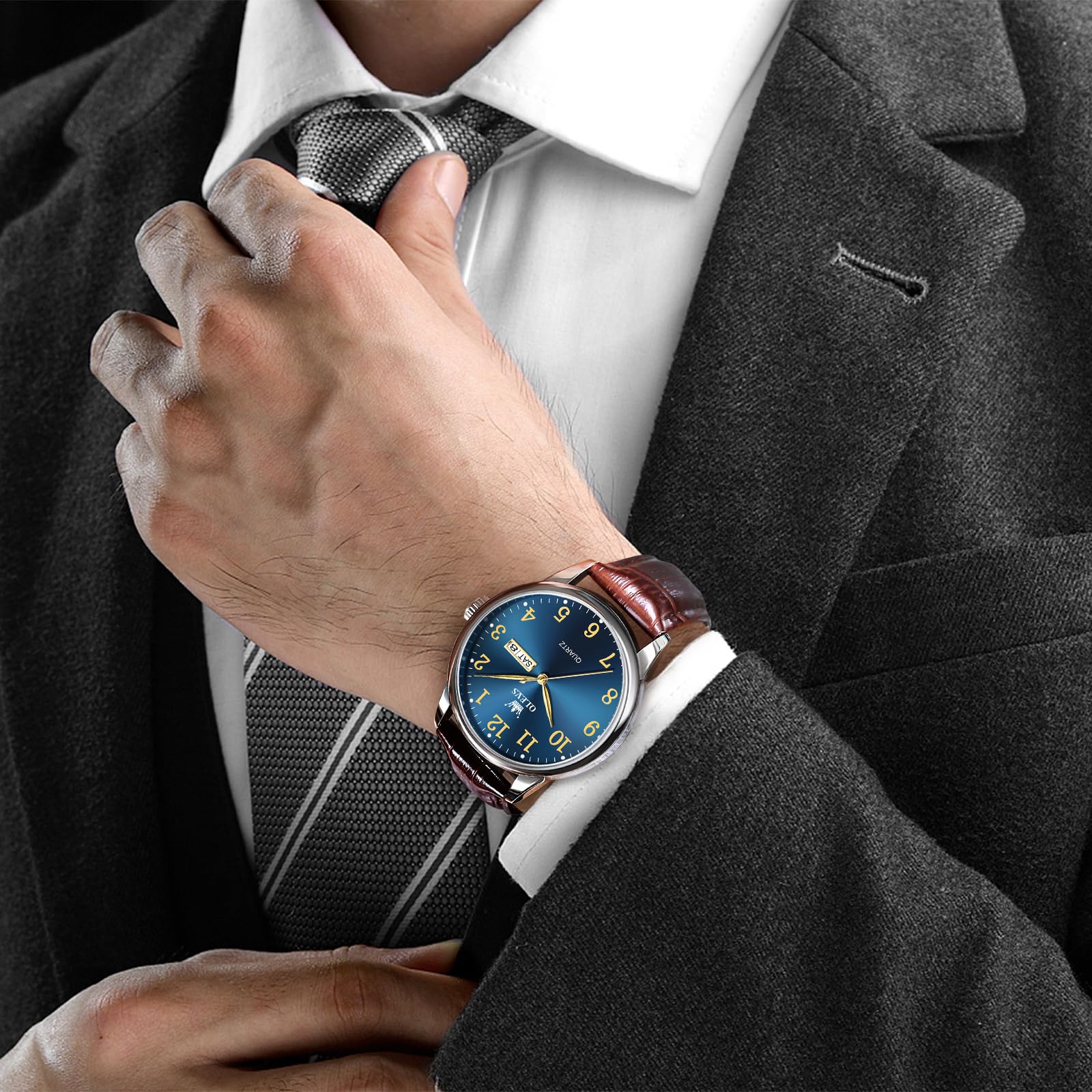 OLEVS Lederuhr für Herren, Edelstahl Analog Quarz Uhr, Klassisches Geschäfts-Kleid Uhr, Wasserdicht Leuchtend Tag Datum Armbanduhr