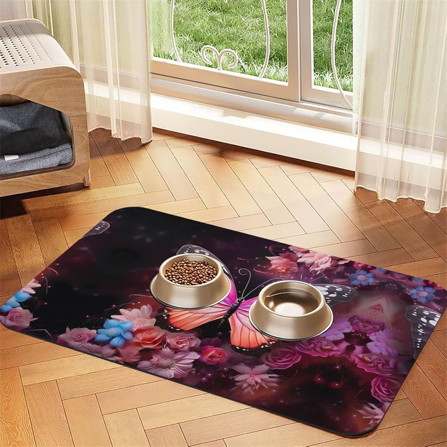 40x60cm Butterflies and Flowers Print Pet Absorbent Feeding Mat - Quick Dry Food Pad/Leather Placemat, for Dog Cat Food Bowl Water