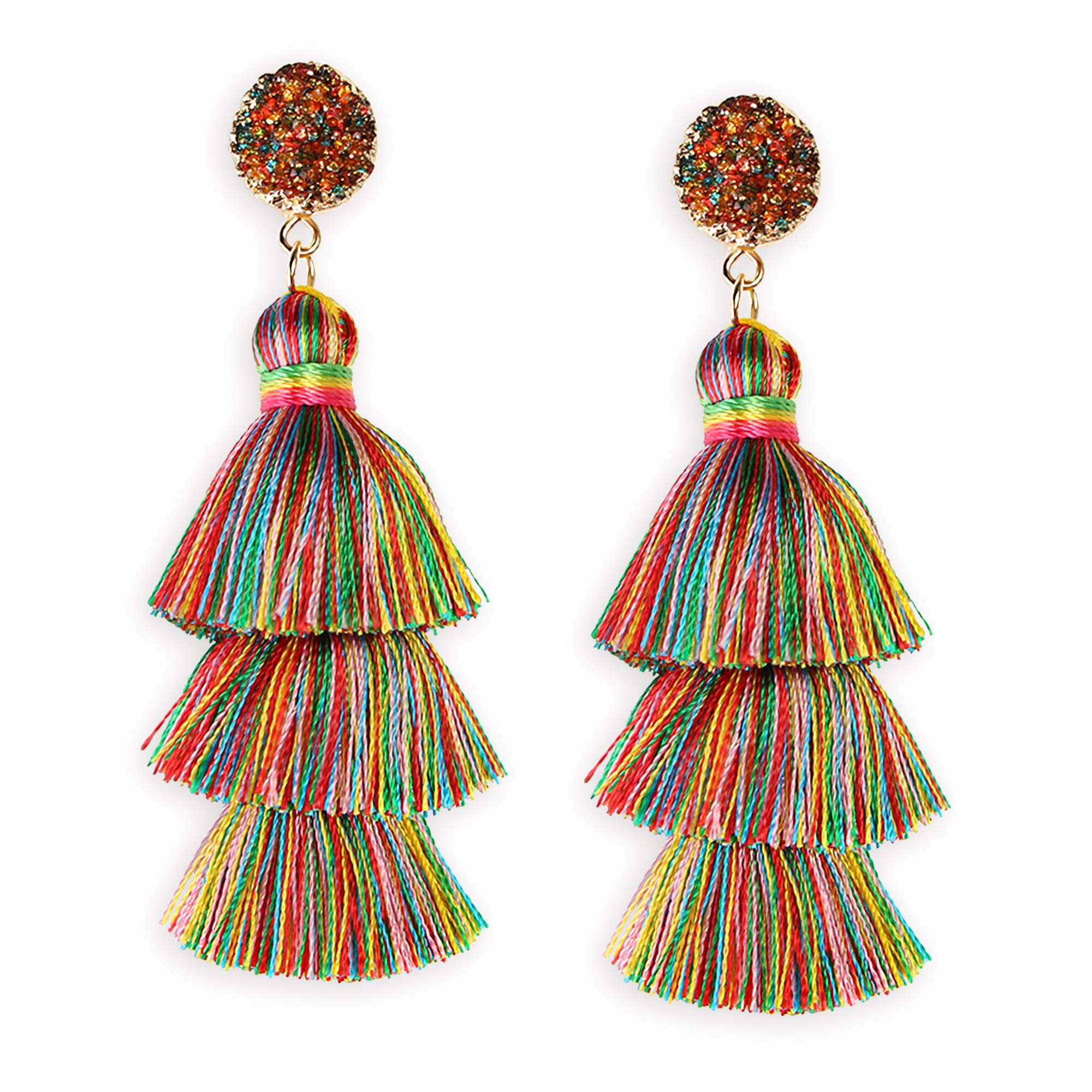 Colorful Layered Tassel Earrings Bohemian Statement Tiered Tassel Big Dangle Drop Earrings for Women Druzy Studs Christmas Mother's Day Gift