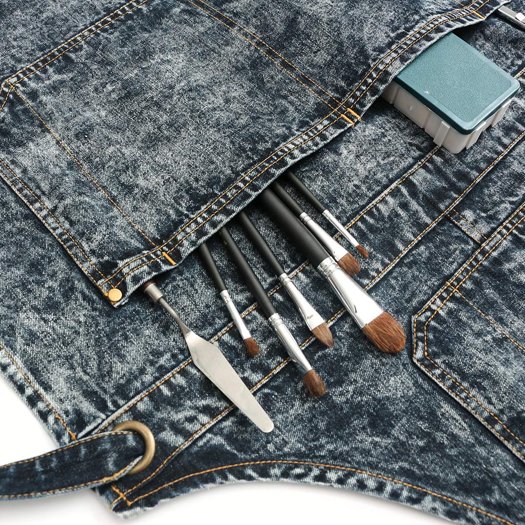 Jeanerlor Grembiuli in denim con tasche per donna lavoro insegnante grembiule per la lavorazione del legno parrucchiere (nero) cinghie incrociate e regolabile da S a M