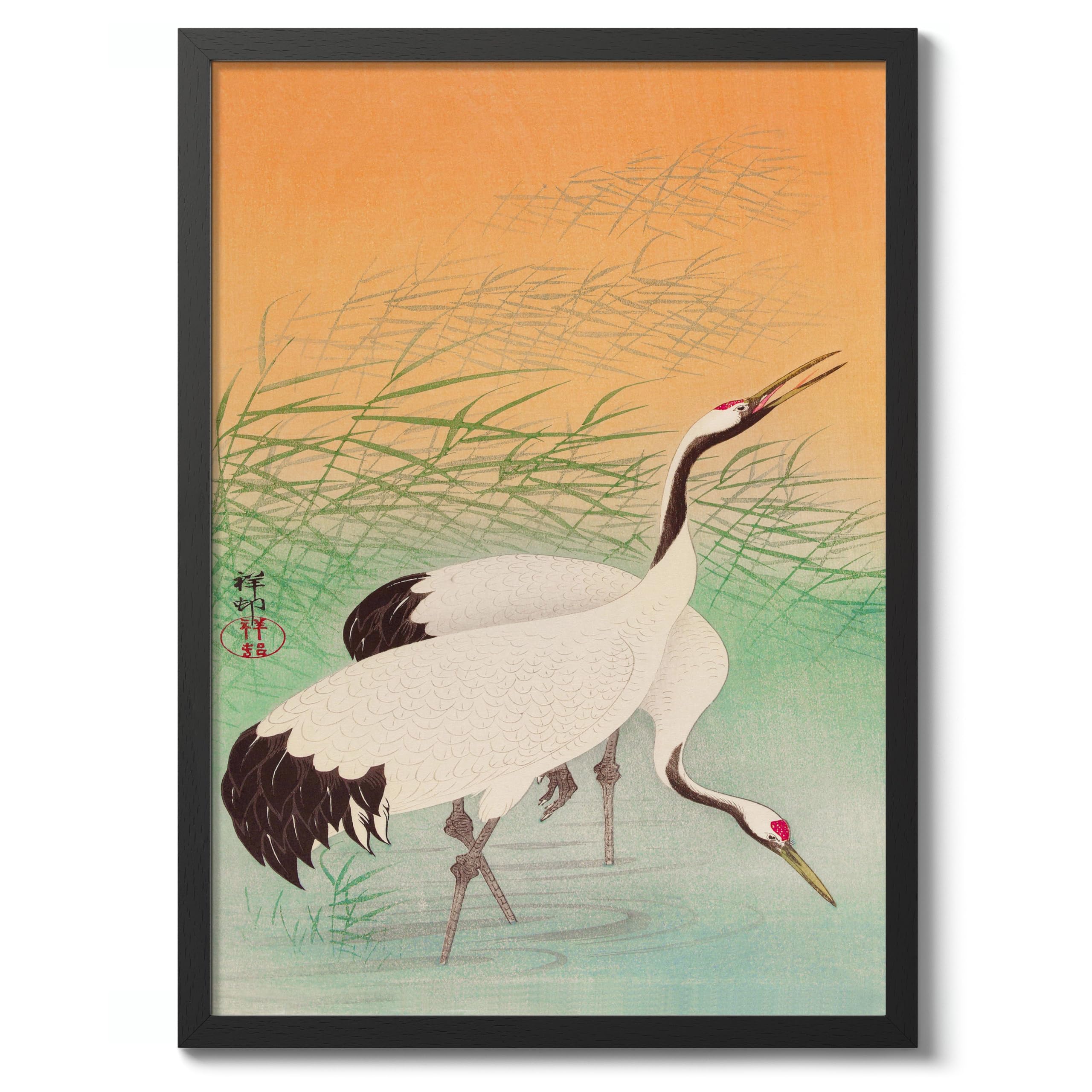 Animato Cranes Japanese Woodblock Print, Vintage Aesthetic Poster Japan Wall Art Exhibition Ukiyo-E Home Decor, Archival Matte, 50x70cm (Black Frame) - 50x70cm