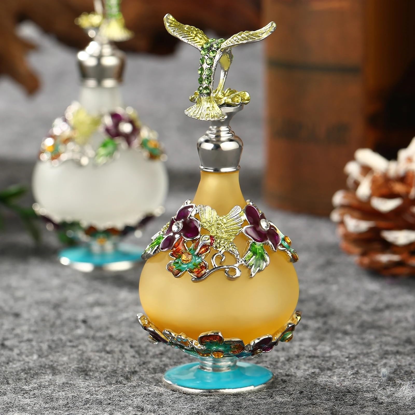 Parfümzerstäuber, Metall-Emaille-Glas-Parfümflasche, Gold-weißer Kolibri-Verschluss, nachfüllbar