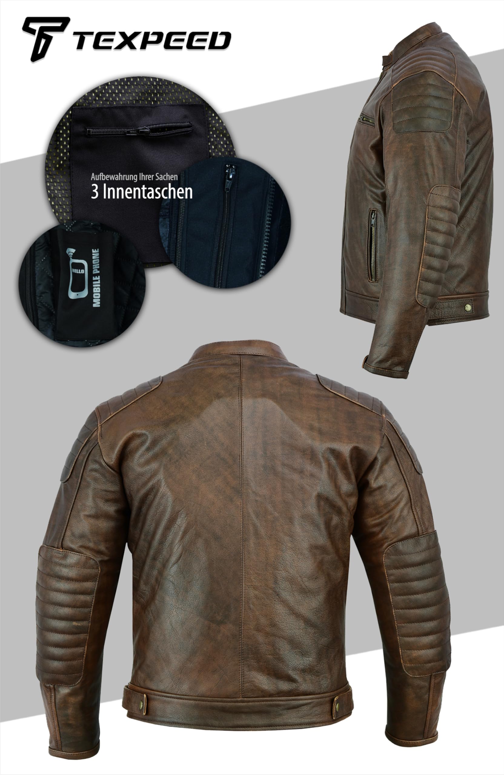 Texpeed Motorrad lederjacke herren mit protektoren - Braun Winter/Sommer Gesteppt echtleder Bikerjacke - Motorrad mit original biker rüstung gepanzert (EN 1621-1) Schutz XL