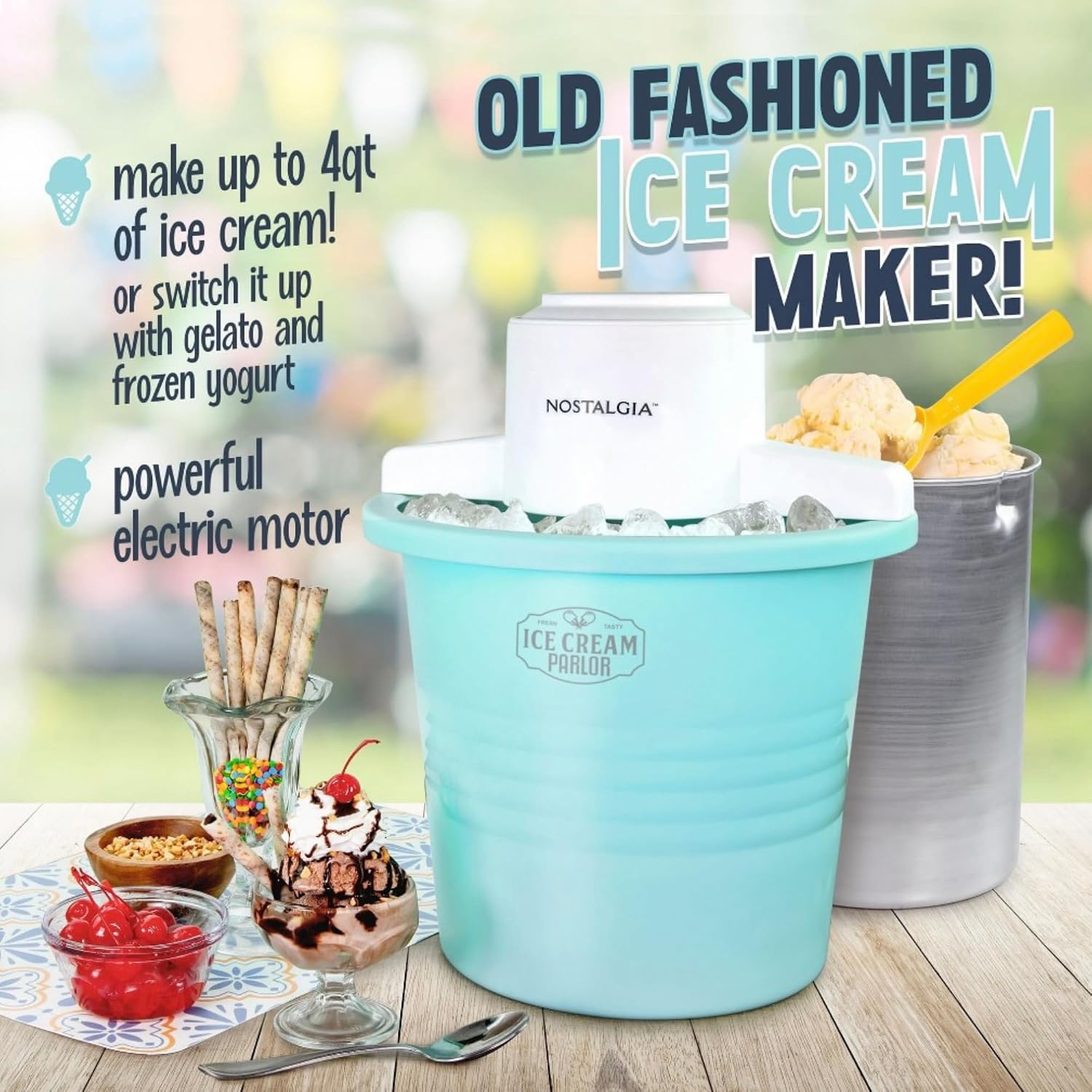 Nostalgia™ 4 Qt. Old Fashioned Electric Ice Cream Maker, with 2 Cookies N Cream Premium Ice Cream Mixes (Ice Cream Maker + 2 Mixes)