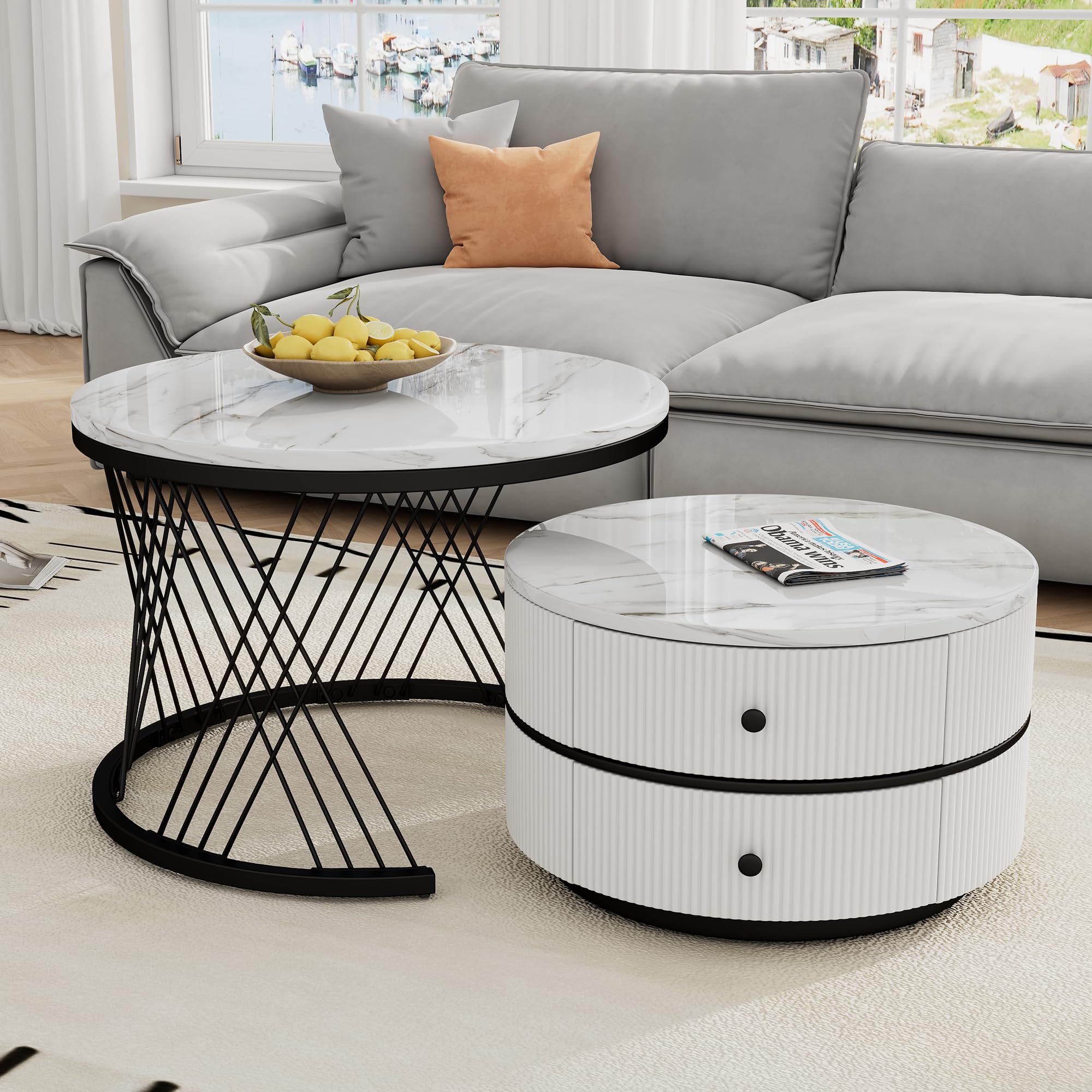 Elegante set di 2 tavolini a forma di nido, 60 x 60 x 46 cm e 50 x 50 x 31 cm, tavoli rotondi con effetto marmo lucido, 2 cassetti (bianco nero)