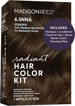 Madison Reed Radiant Hair Color Kit - 6.5NNA Medium Neutral Brown Sondrio, 100% Gray Hair Coverage Permanent Hair Dye for Resistant Grays | PPD-Free & Ammonia-Free, 1 Pack