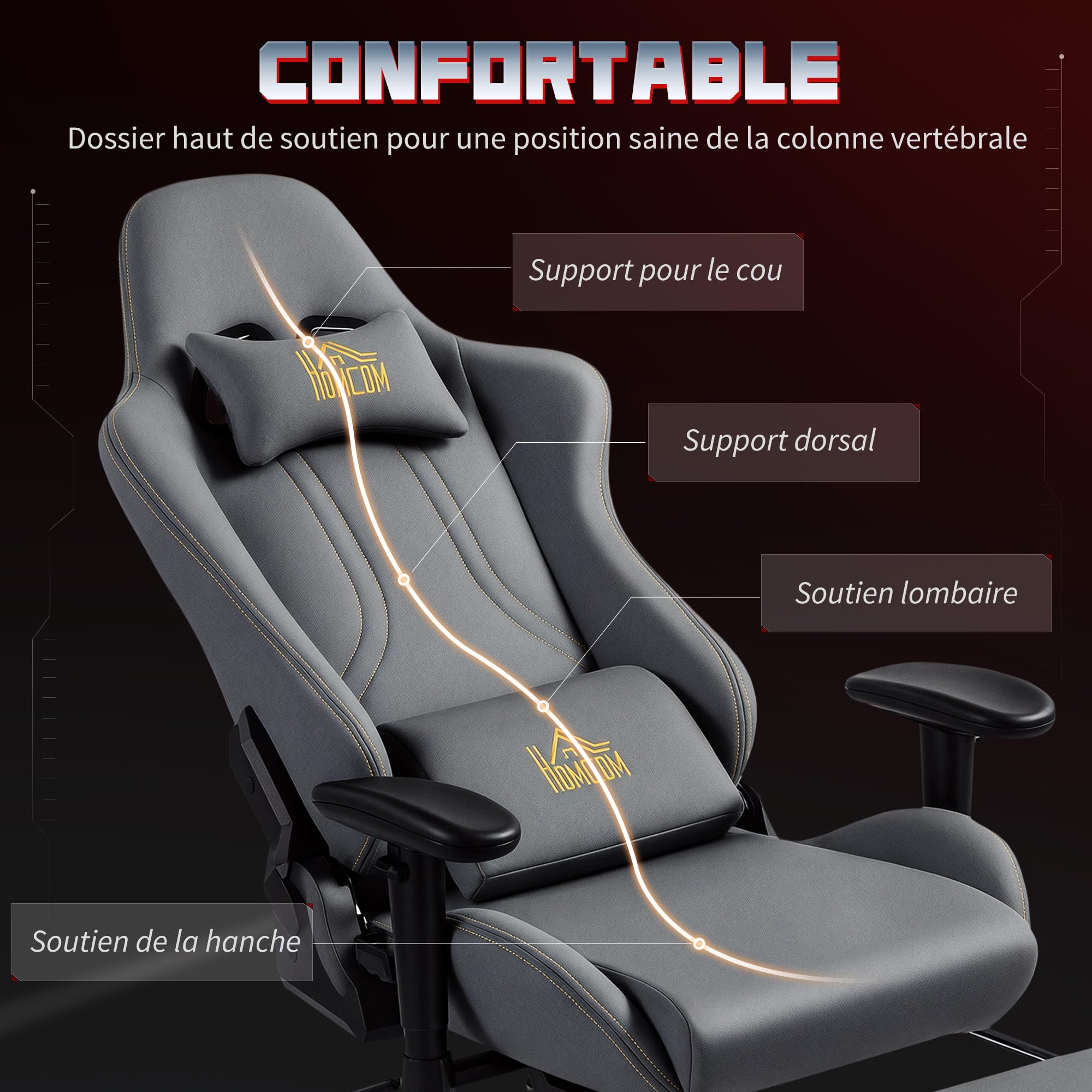 HOMCOM Chaise Gaming Ergonomique avec accoudoirs réglables, Fauteuil Gamer en suède avec Dossier inclinable, Hauteur réglable, Repose-Pieds, Appui-tête, Soutien Lombaire et pivotant à 360°, Gris
