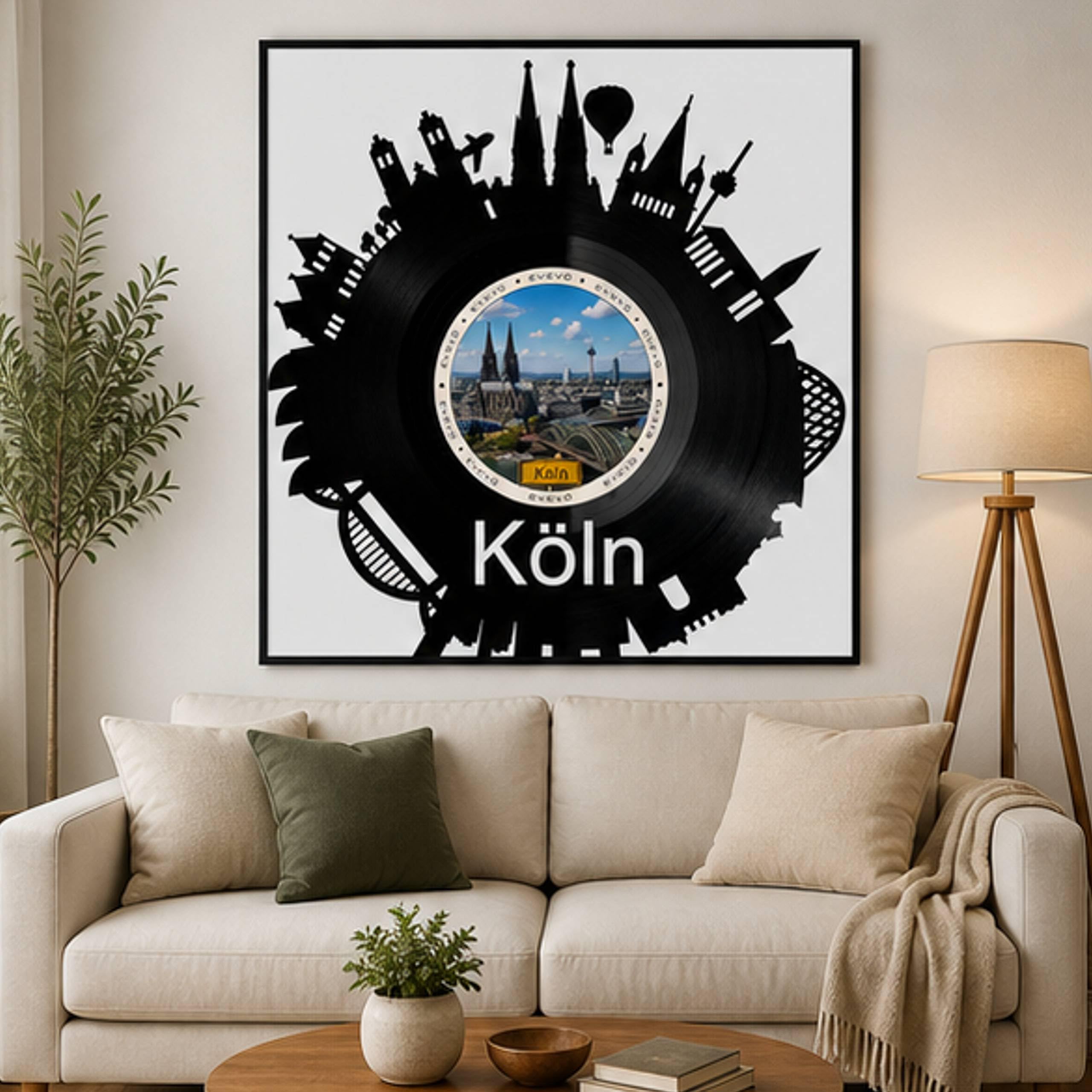 EVEVO Decorazione da parete in vinile con cornice, 32 x 32 cm, Colonia – Decorazione da parete in vinile con skyline di Domstadt, regalo per gli appassionati di Colonia e Renania
