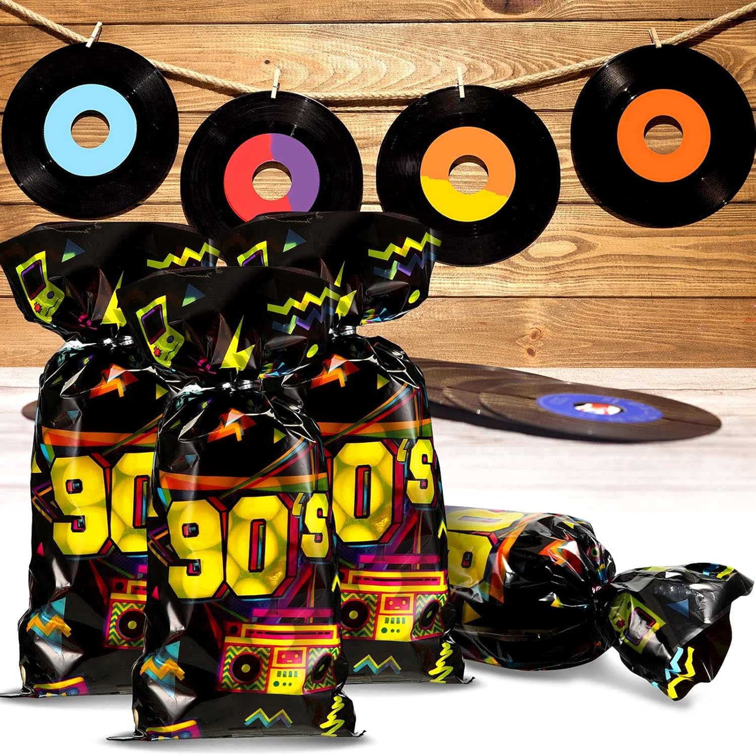 Zonon 100 Pieces 90s Party Treat Bags Candy Bags Neon Retro Birthday Cellophane Plastic Goodie Bags with 100 Silver Twist Ties for Theme Party Supplies - Image 6