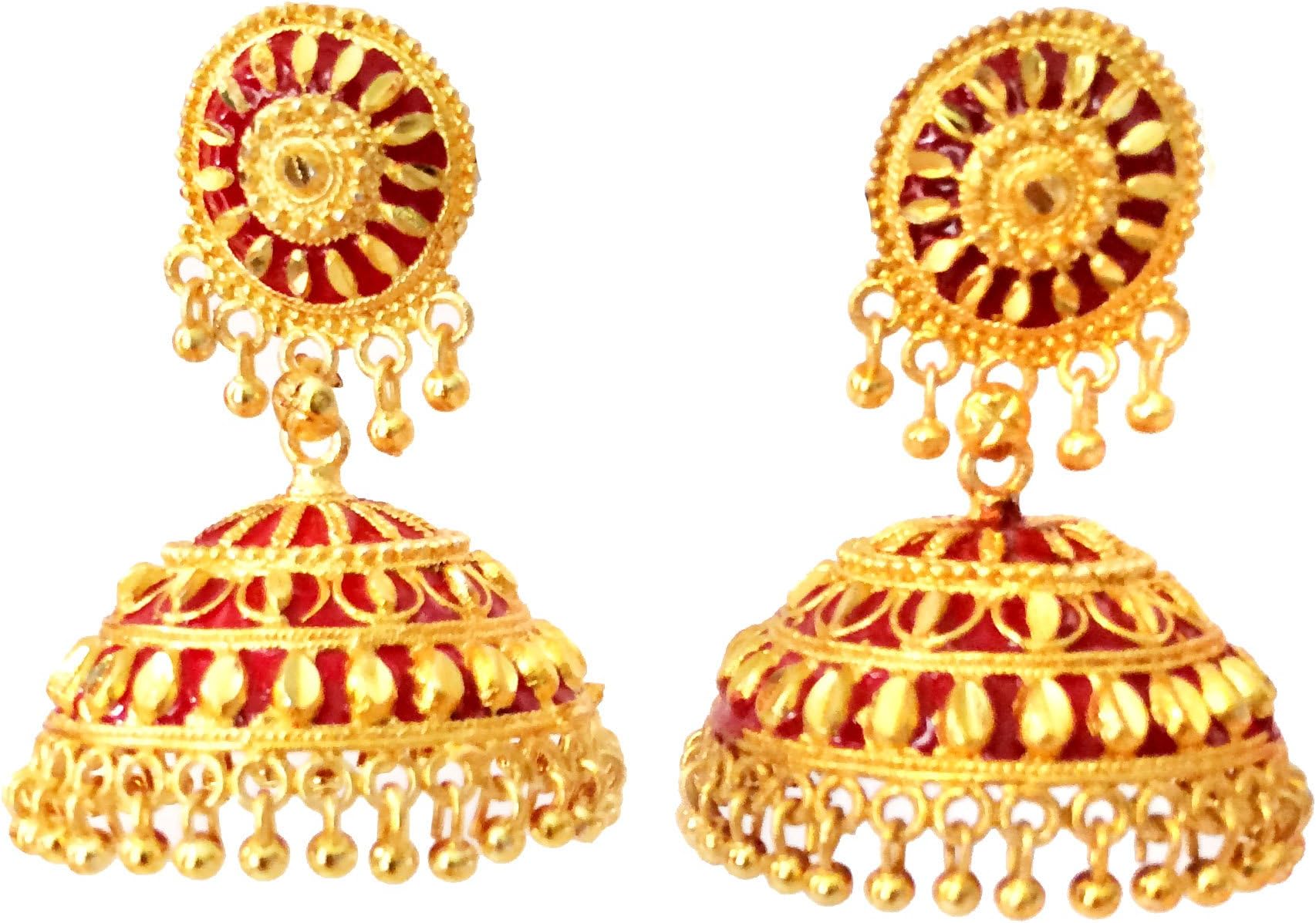 GOLD RED JHUMKA EARRINGS,Bridal Jhumkas,Large Dome earrings,jhumkis,Indian Jewellery by Taneesi