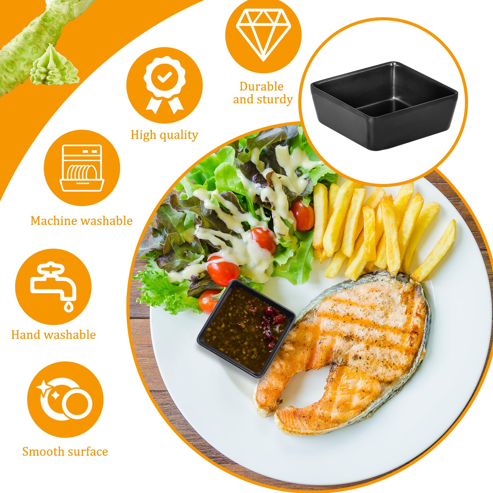6 Piezas Cuencos Aperitivos 9.2 x 9.2 x 3.9 cm Cuadrados Cuencos para Salsa Apilables Plato para Salsas Especias Frutas Sushi Guarniciones (Negro)