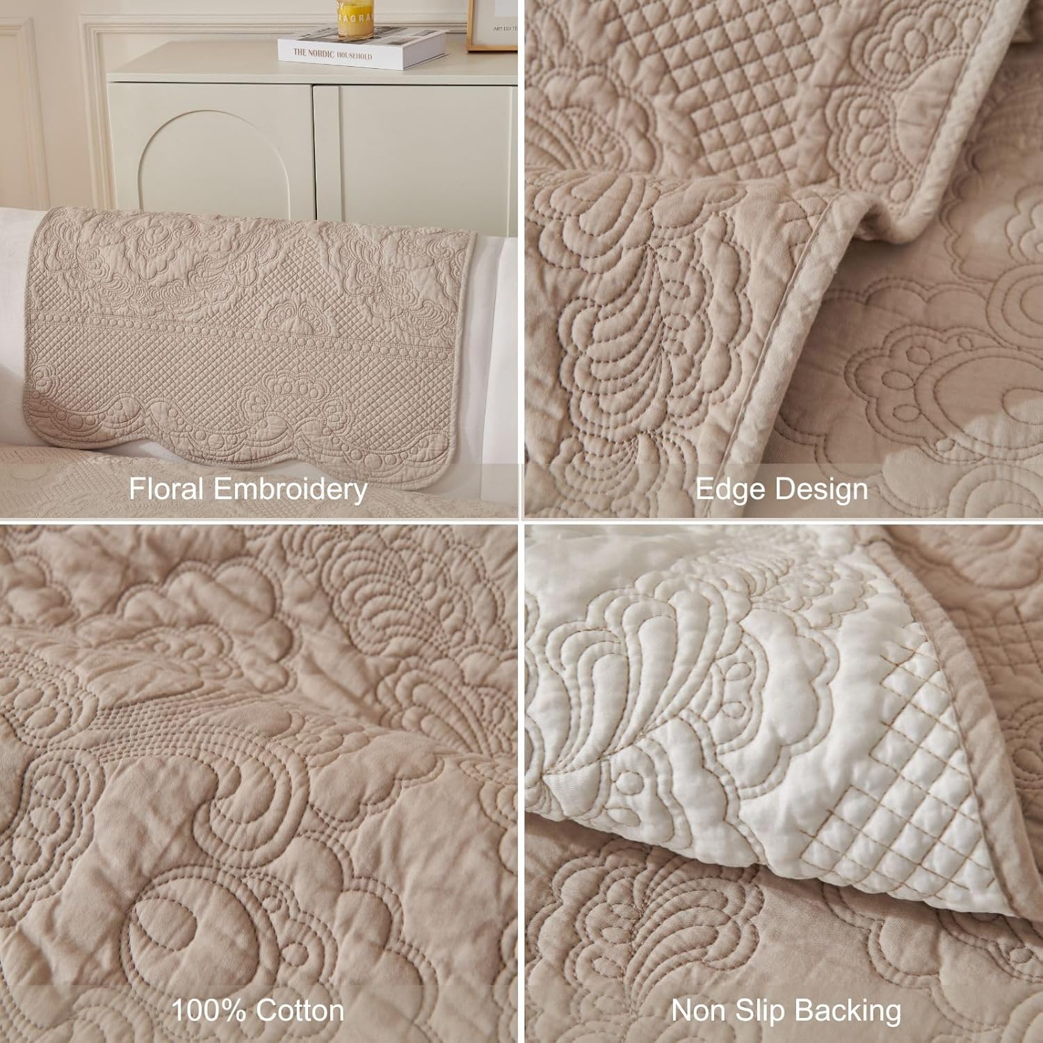 vctops Boho Cotton Quilted Couch Cover Soft Embroidered Sofa Cover Non-Slip Dog Bed Cover Scalloped Sofa Slipcover Washable Furniture Protector Cover (Khaki,36"x36")