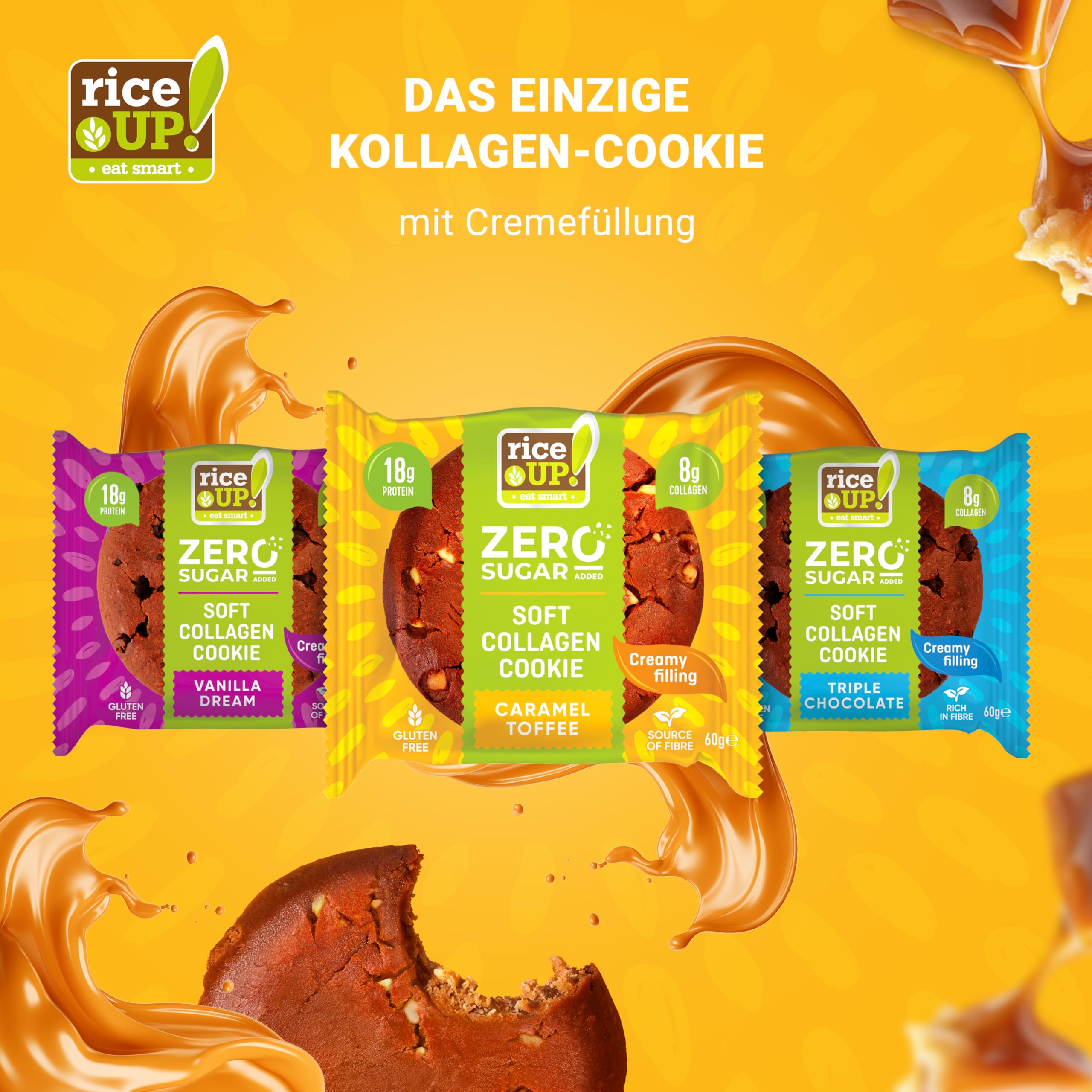RiceUP! Eat Smart Weicher Protein Keks mit Kollagen – Toffee-Caramel-Geschmack, 10 x 60g | 8g Kollagen-Peptide (Typ I+III), 18g Protein, ohne Zuckerzusatz | GLUTENFREI (10 x 60g, Toffee)