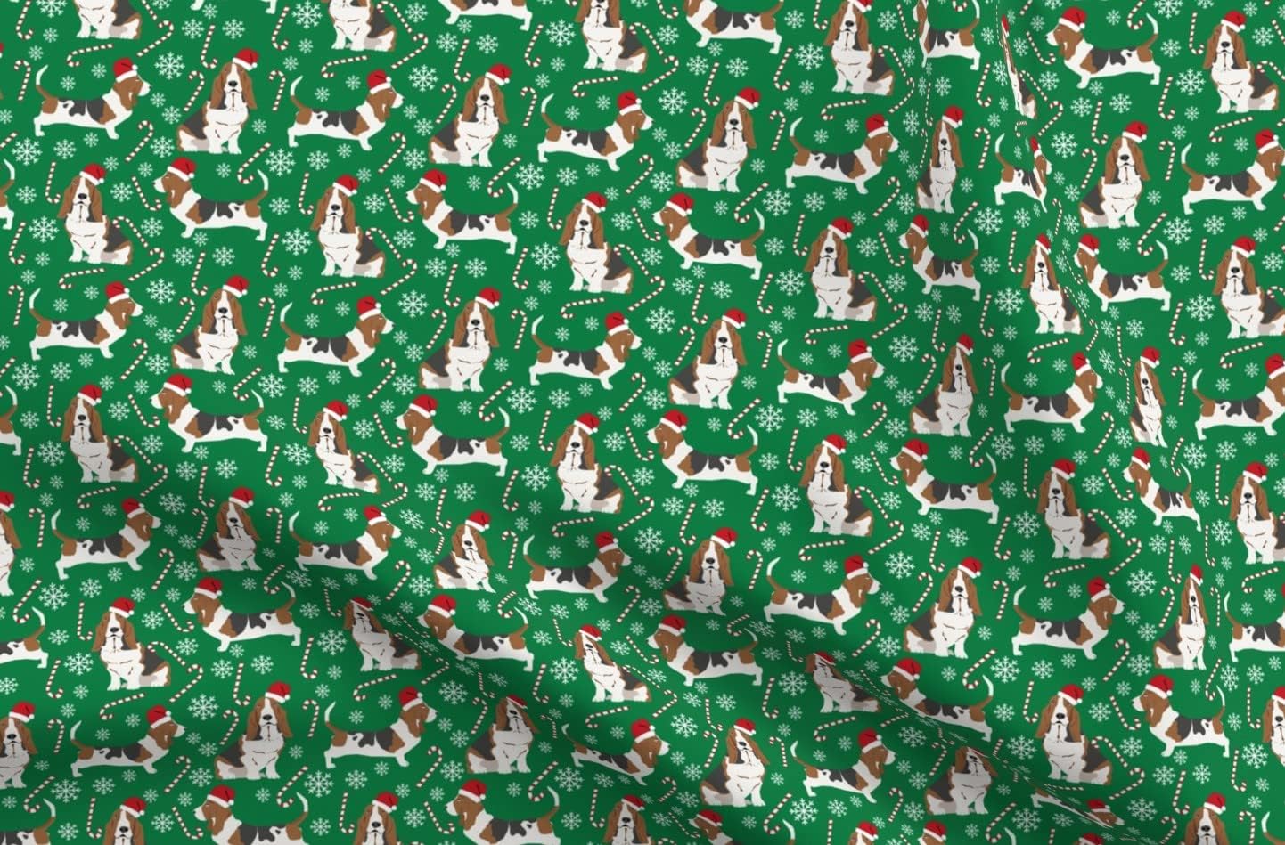 Spoonflower Fabric - Basset Hound Candy Canes Winter Snowflakes Dogs Green Christmas Puppy Printed on Upholstery Velvet Fabric Fat Quarter - Upholstery Home Decor Bottomweight Apparel