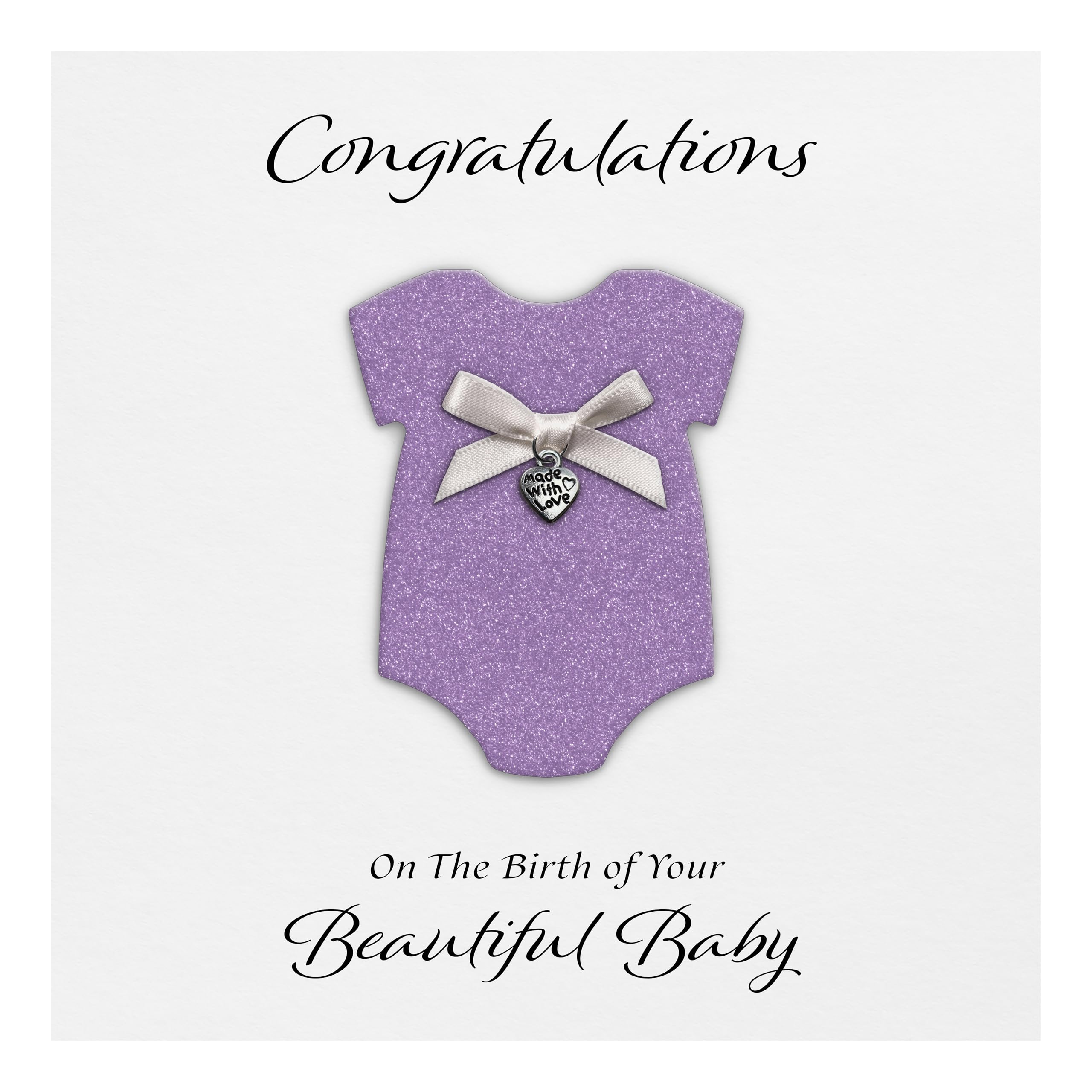 New Baby Card "Heart Charm & Bow" - Handmade UK (Lilac Glitter) - Lilac (Glitter)