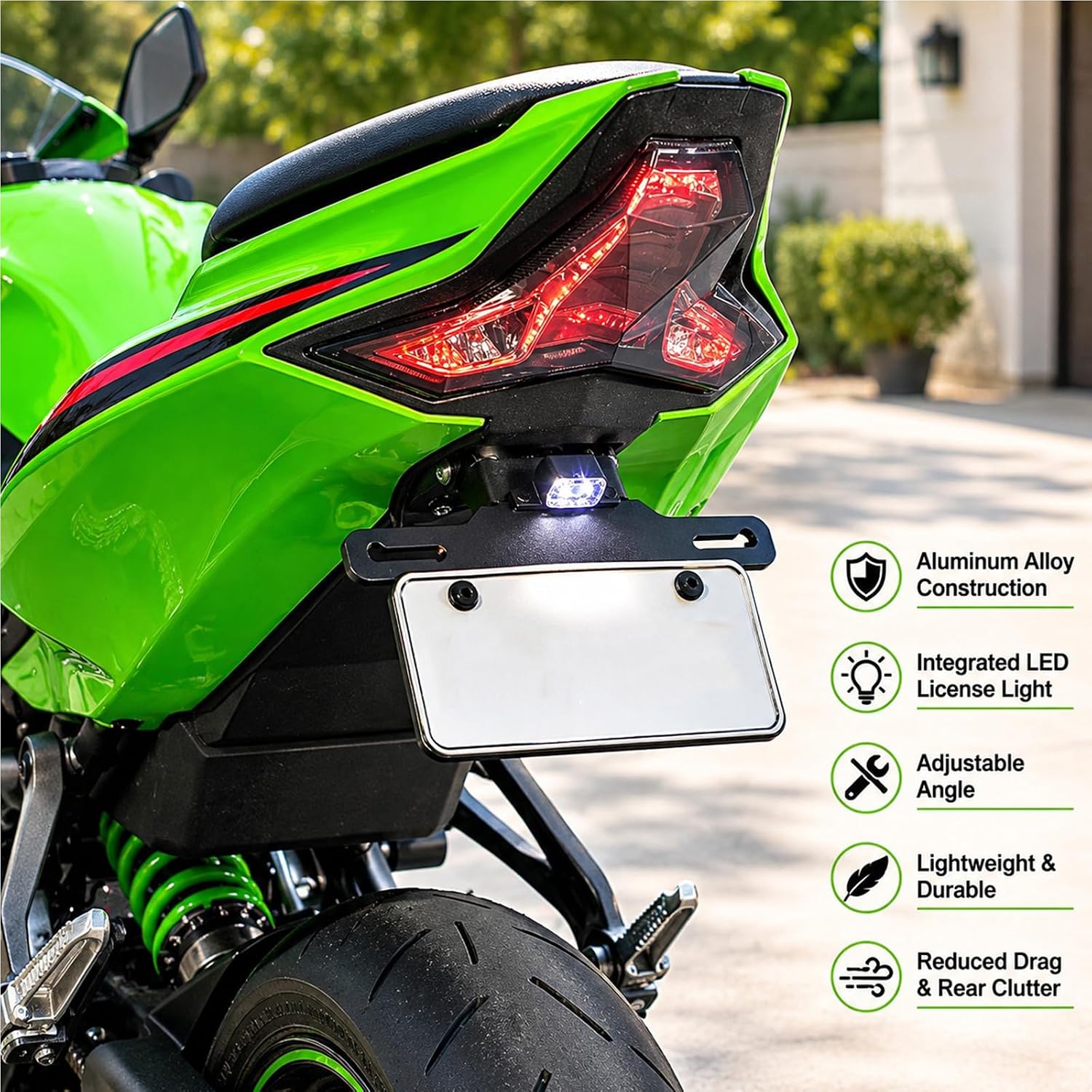 Motorcycle License Plate Bracket for Kawasaki Ninja ZX-4R/25R/4RR ZX250/400 | Rear Fender Eliminator Kit, Tail Tidy, 2020-2025, with LED Light. Aluminum Alloy, Easy To Install, Foldable, Black