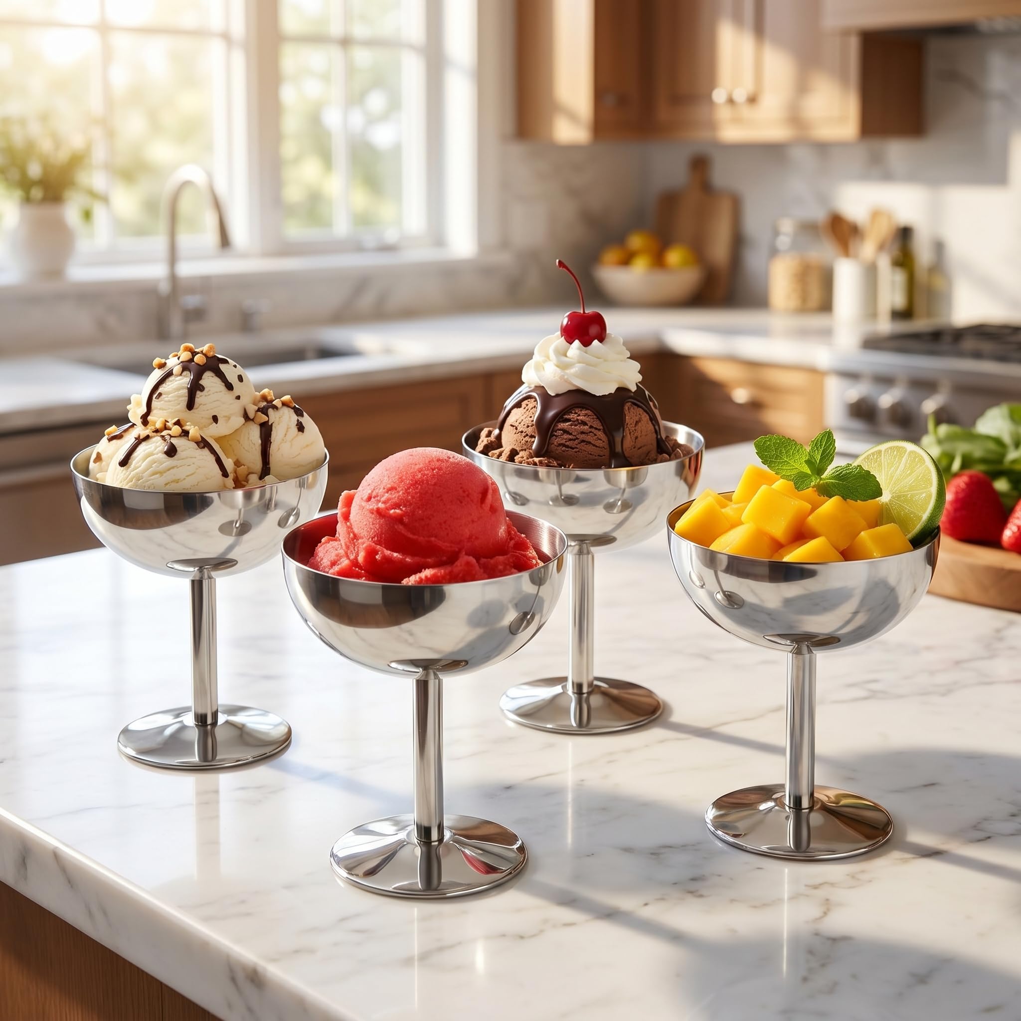 Coupes à glace avec pied en acier inoxydable pour créer des souvenirs gourmands en fête