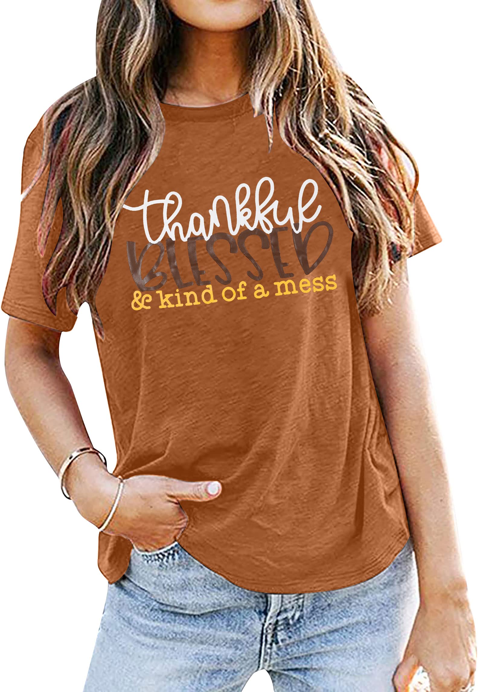 EGELEXY Thankful Blessed and Kind of a Mess Shirt Women Thanksgiving T Shirt Casual Short Sleeve Shirts Top
