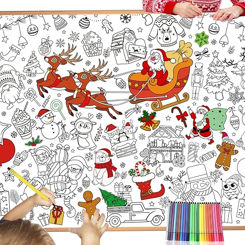 HOWAF Póster gigante para colorear de Navidad con 24 bolígrafos de pintura, pancarta de papel gigante para colorear o mantel para niños, actividades